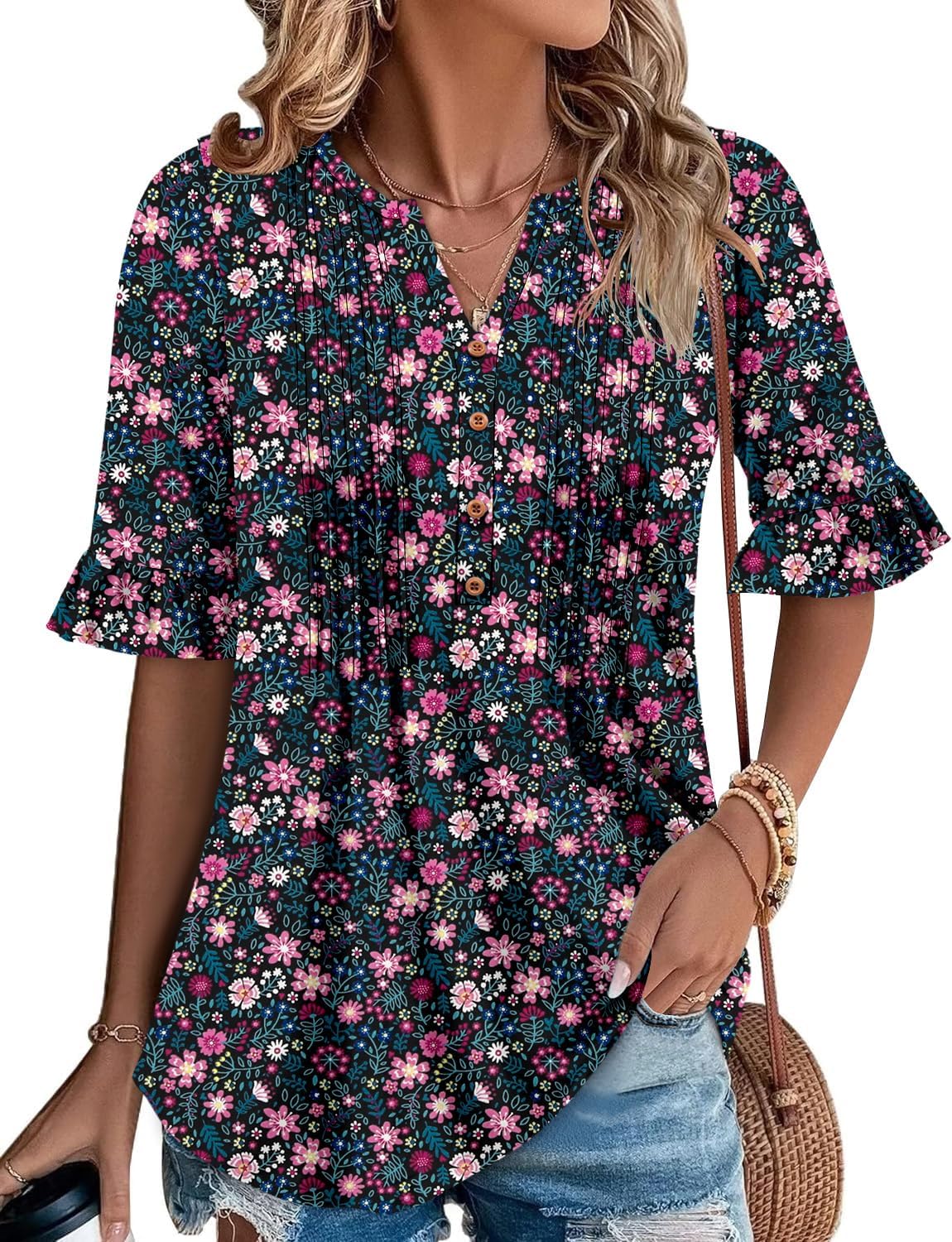 CHICZONE Womens 3/4 Length Bell Sleeve Tops Loose Summer Tunic Shirts Dressy Casual Blouses - Image 2