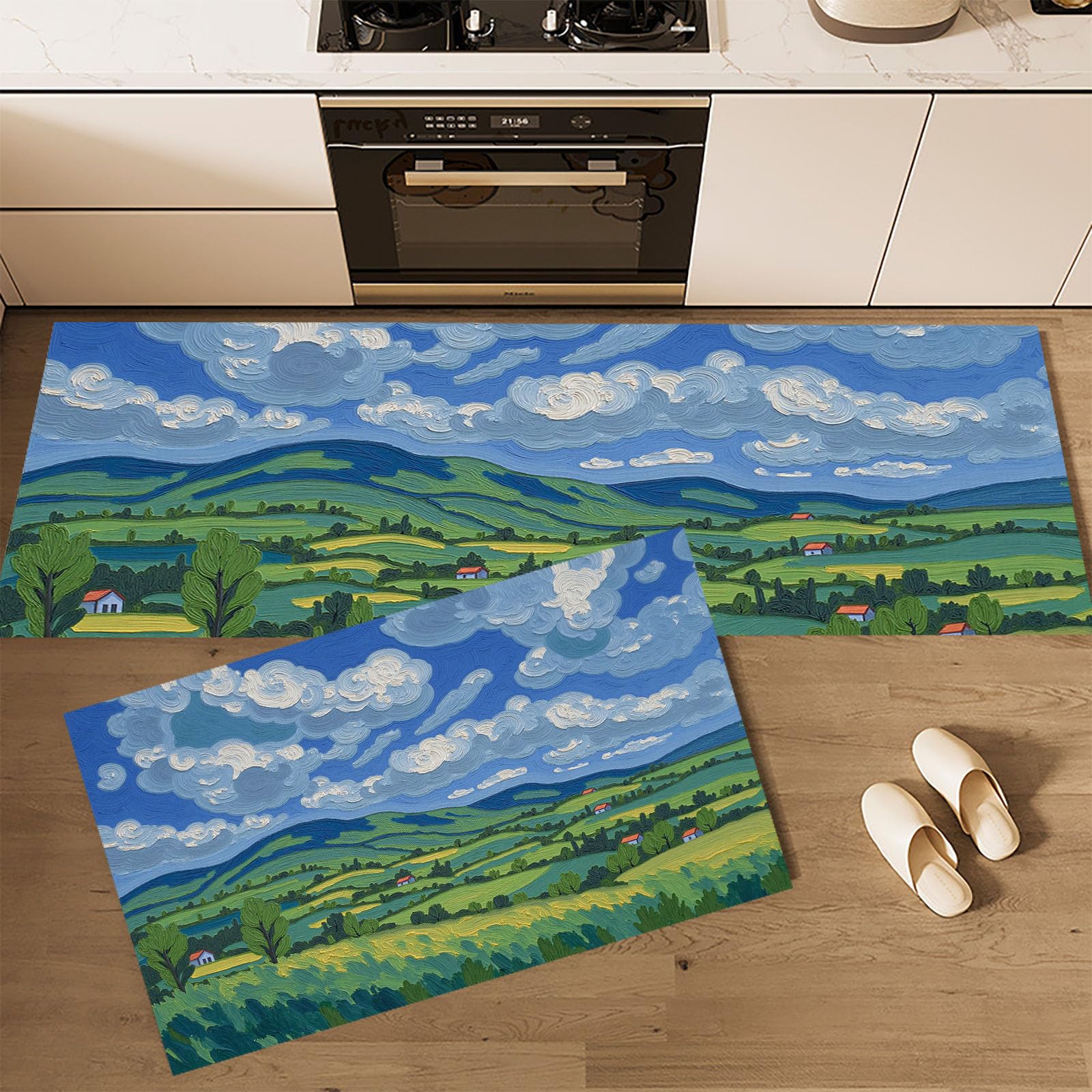 Alfombras de cocina lavables de 2 piezas con estampado de pintura óleo de colinas
