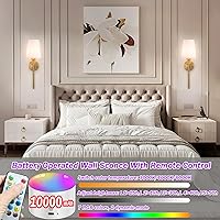 Vista 6 de Aplique de pared a pilas con control remoto, pantalla de tela blanca, juego de 2 apliques de pared alimentados por pilas, lámpara de pared