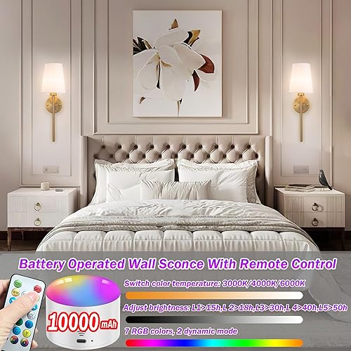 Miniatura 6 de Aplique de pared a pilas con control remoto, pantalla de tela blanca, juego de 2 apliques de pared alimentados por pilas, lámpara de pared