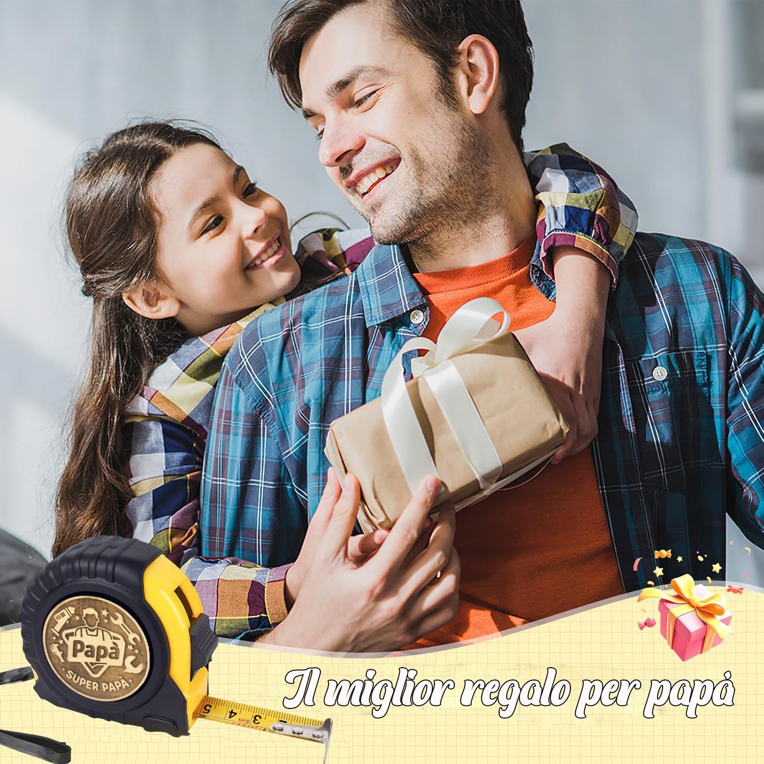 Regalo di laurea per la festa del papà, metro a nastro per papà, regalo di compleanno e Natale per papà, metro a nastro in vera pelle inciso da 5 metri e 25 mm, regalo per papà, giallo