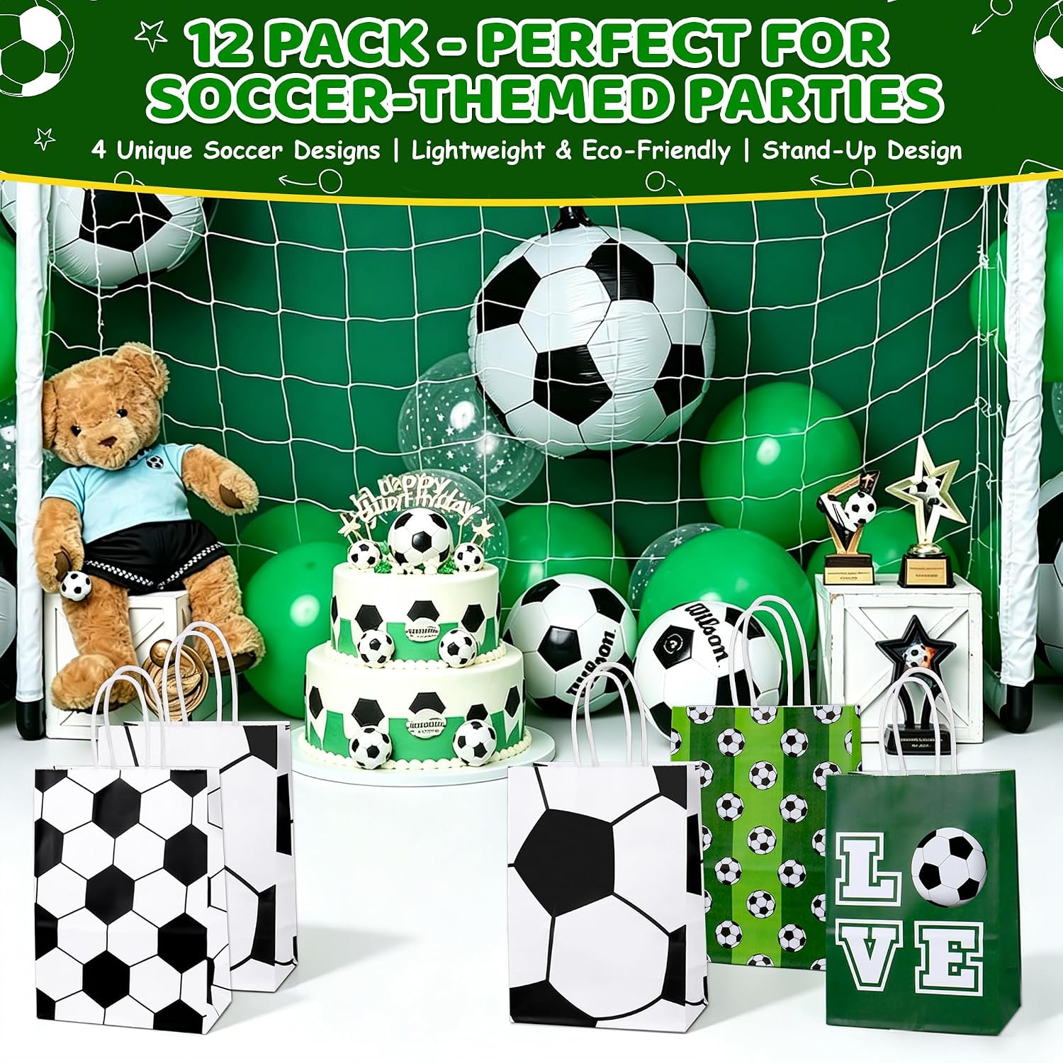 ZYLOP 12 Pack Soccer Party Favor Bags - Kraft Paper Soccer Goodie Bags with Handles for Kids Birthday, Sports Themed Party Gift Bag for Team Treat Snacks Supplies - 4 Assorted Designs image 4