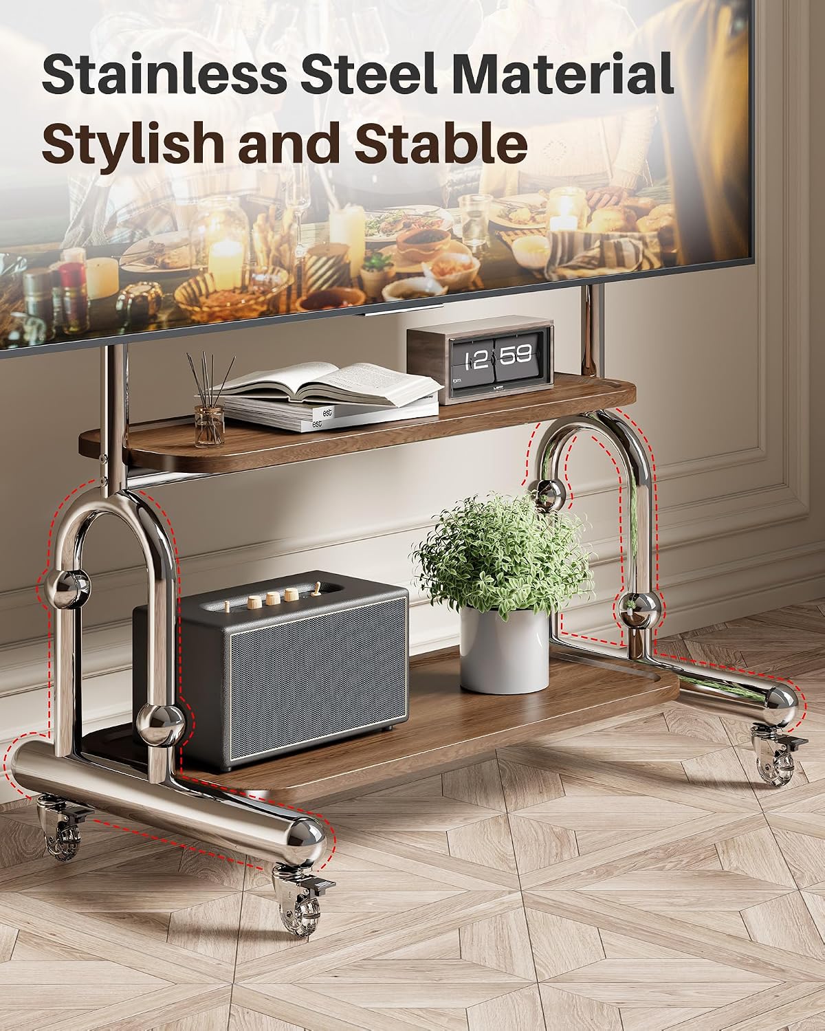 Stainless Steel Rolling TV Stand for 32 to 75 Inch TVs with Dual Shelves