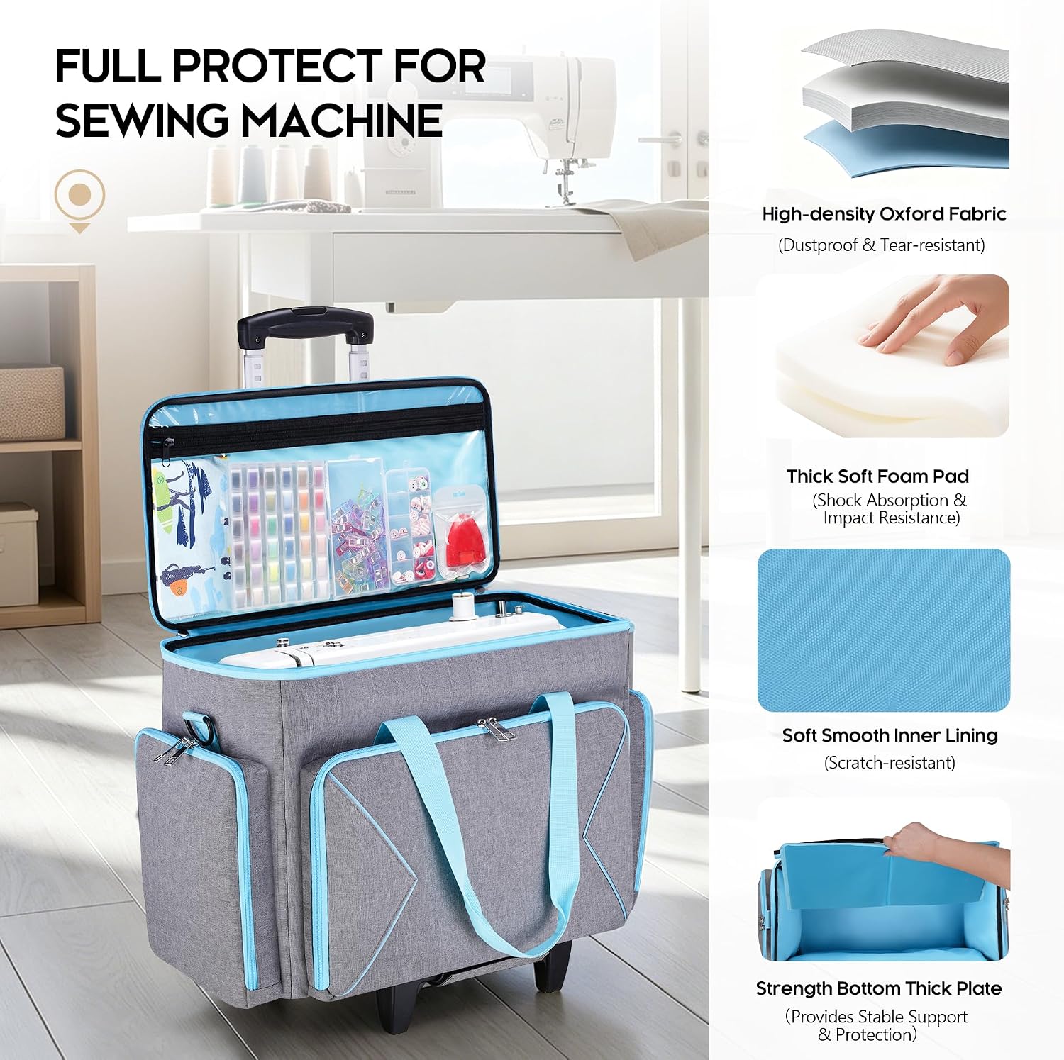 Rolling Sewing Machine Case on Wheels with Detachable Trolley | Large Capacity & Multi-Pockets, for Sewing Classes & Travel, for Quilters & Hobbyists, Easy to Carry, Portable & Durable