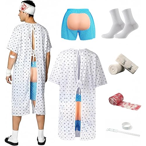 Funny Halloween Costume, 2025 Patient Costume Adult for Men Women, Couples Costumes with a Hospital Gown（Fits 5'3" to 6'1"）, a Pair of Pants with Fake Butt, a Pair of Socks and a Bandage