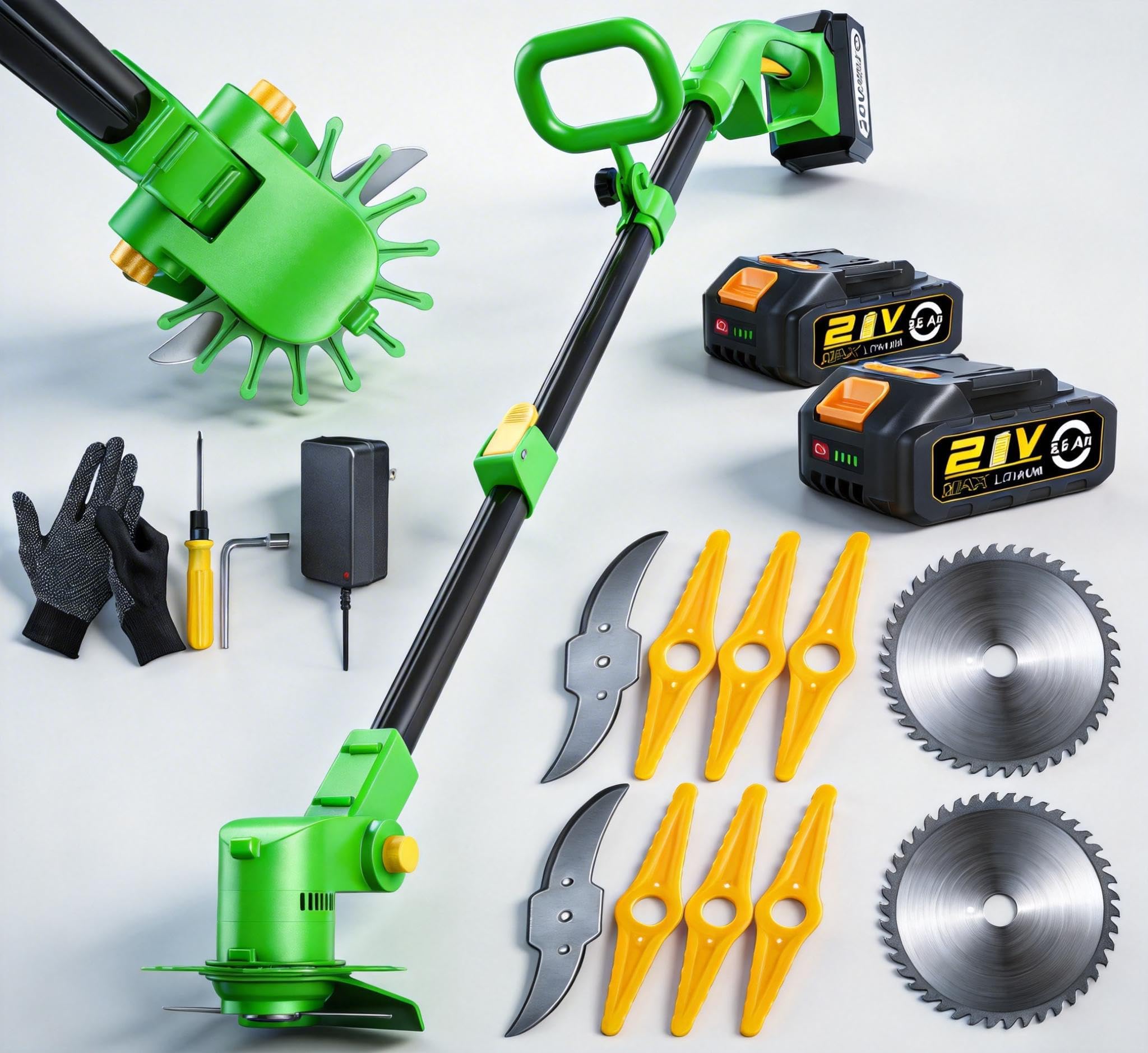 21V Strimmer Cordless Grass Trimmer Garden Strimmer Electric Battery Powered with 2×2.5Ah Battery & Fast Charger, 3 Kinds Spare Blades Brush Cutter for Brush Cutter Clearing Weeds