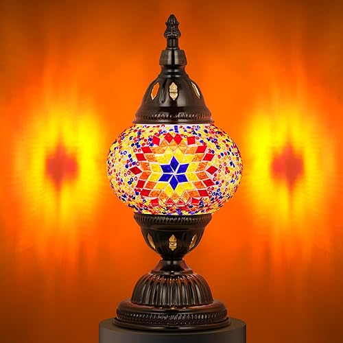 Miniatura 9 de Marrakech Lámpara de mesa turca con base de bronce, hecha a mano, colorido, marroquí, estilo Tiffany, mosaico de cristal, lámpara de mesita de de