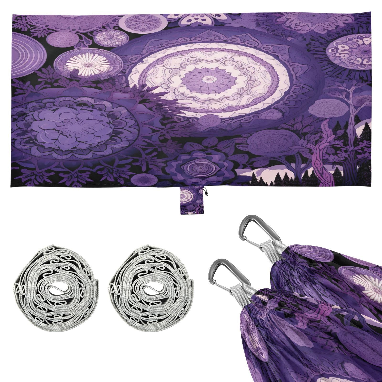 SDMKA Purple Circular Designs Camping Hammock, 330 lbs with 2 Tree Straps, Carry Bag, Single Portable Hammock for Outdoor/Indoor, Hiking, Beach, Backpacking, Travel