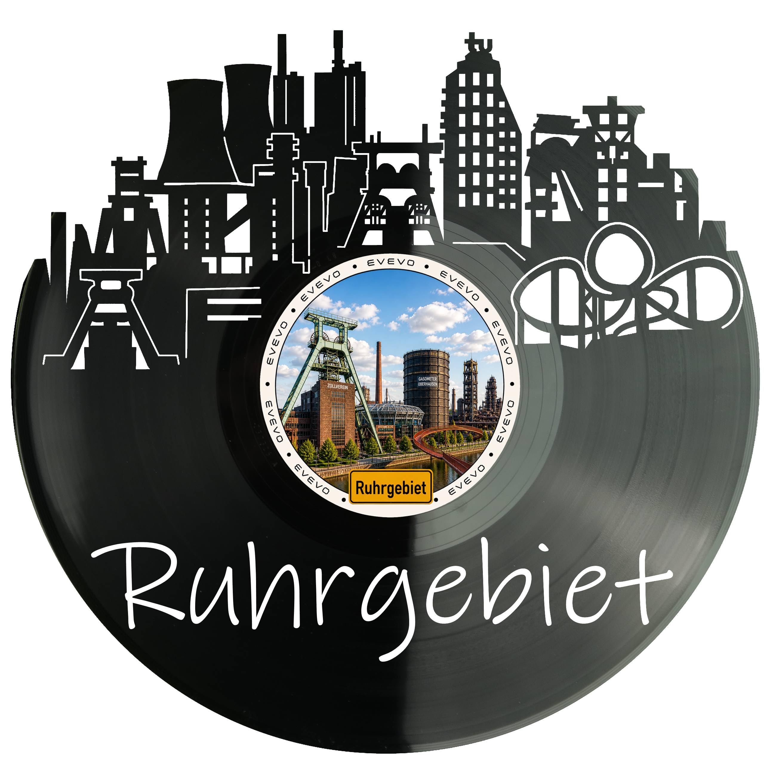 EVEVO Decorazione da parete a forma di disco Ruhrgebiet, decorazione da parete in vinile, motivo skyline di Ruhrpott, regalo per gli appassionati di carbone e acciaio, cultura industriale per amanti