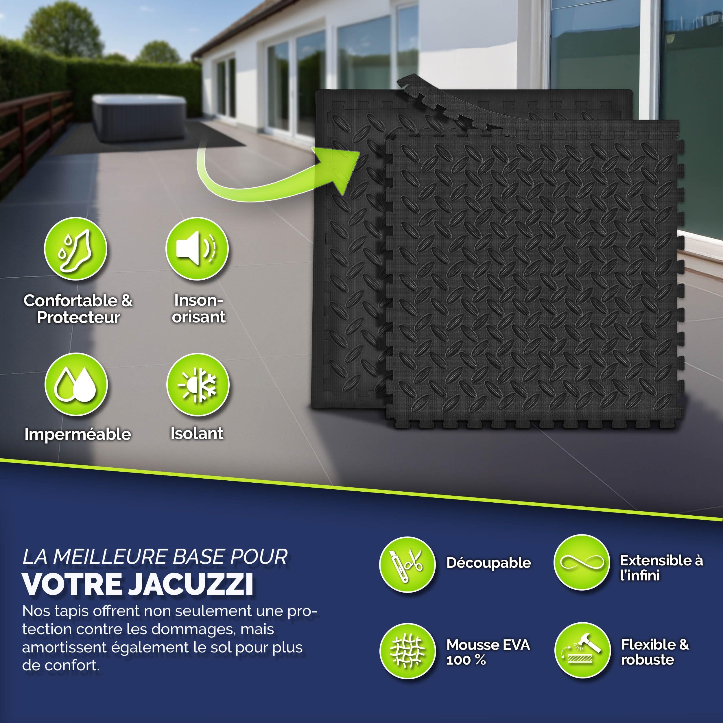 tillvex® Tapis de Sol carré 200 cm pour Spa | Tapis de Protection Thermique pour Jacuzzi et Piscine | sous-Couche Isolante | Plaque de Sol Antichoc (Noir)