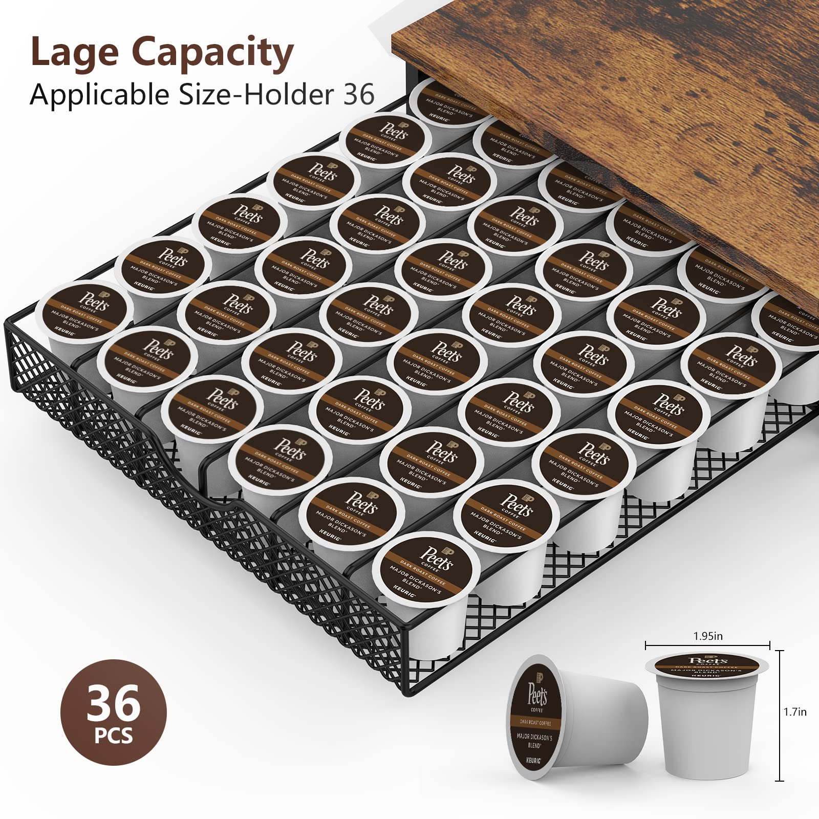 Cassetto per cialde di caffè per tazze K, organizer per capsule di caffè, con cestini, supporto per bancone del caffè in casa, ufficio, fattoria, capacità 36