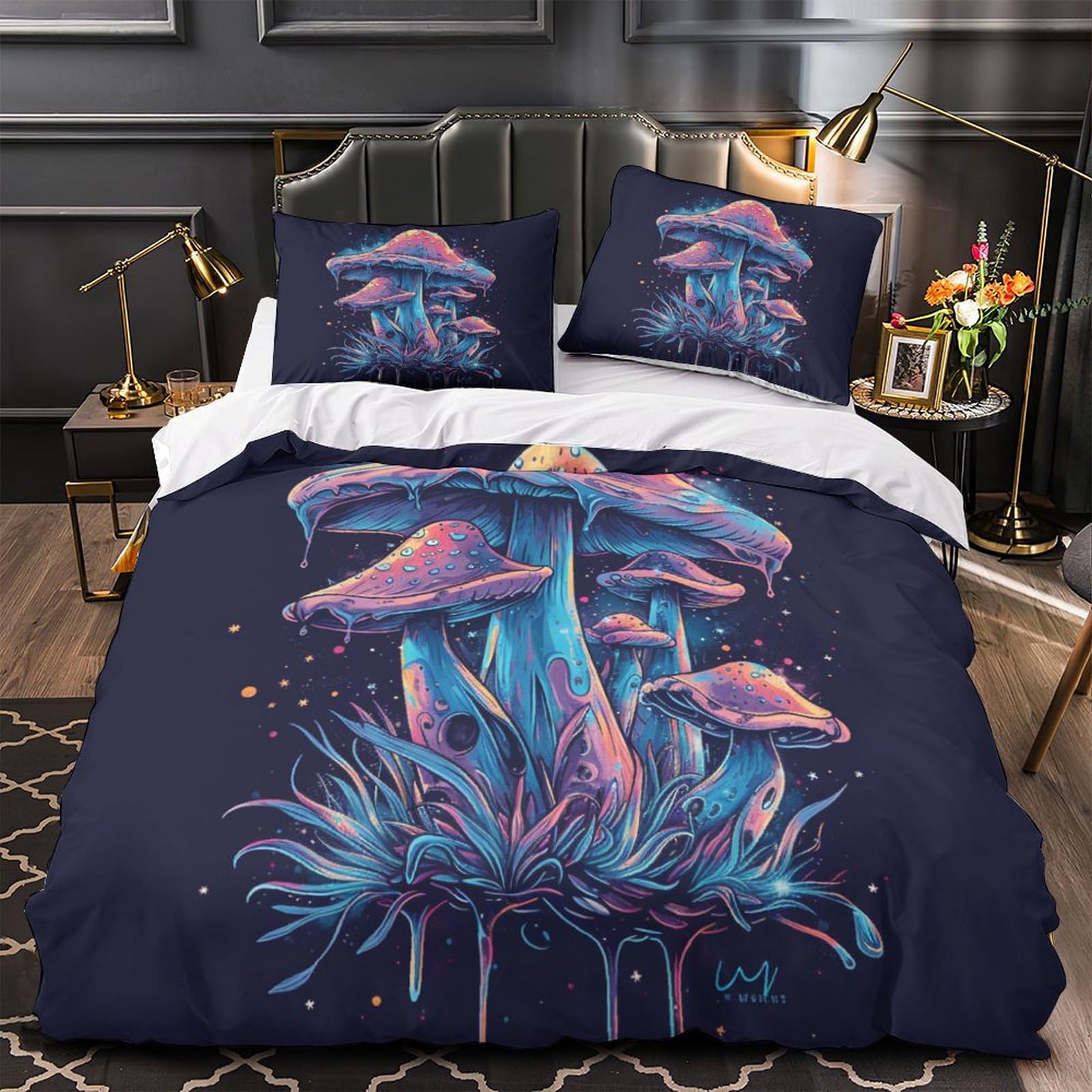 Stampato in 3D Fungo colorato Copertina Stampata Microfibra Disegnata Biancheria Da Letto Con Chiusura A Cerniera Con 2 Federe,Double（200x200cm）, Per Ragazzi Adulti