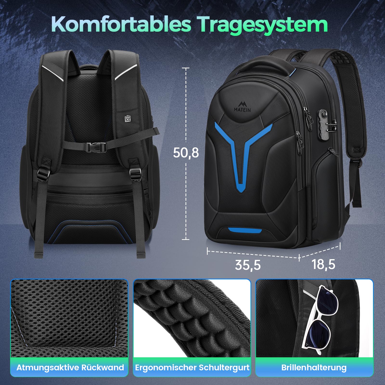 MATEIN Laptop Rucksack Herren 18 Zoll, Gaming Laptop Rucksack Regenhülle