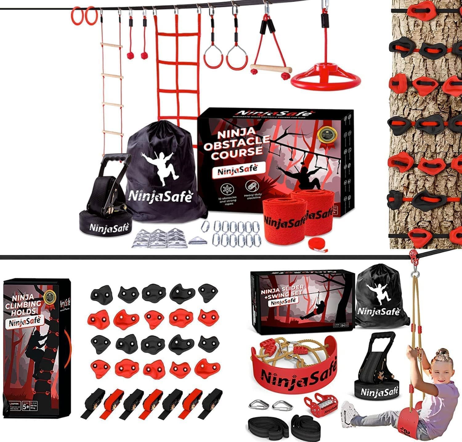 NinjaSafe Complete Kit - Obstacle Course + Ninja Pulley + Tree Climbing Kit : Toys & Games