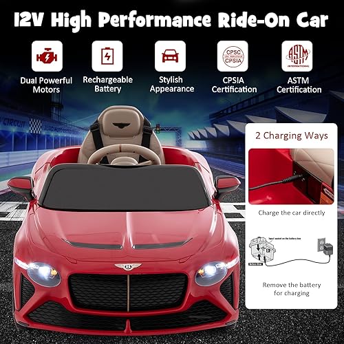 Miniatura 7 de HONEY JOY Vehículo eléctrico Bentley con licencia de 12 V para niños, suspensión de resorte, luces LED, bocina, velocidad altabaja, auto de juguete