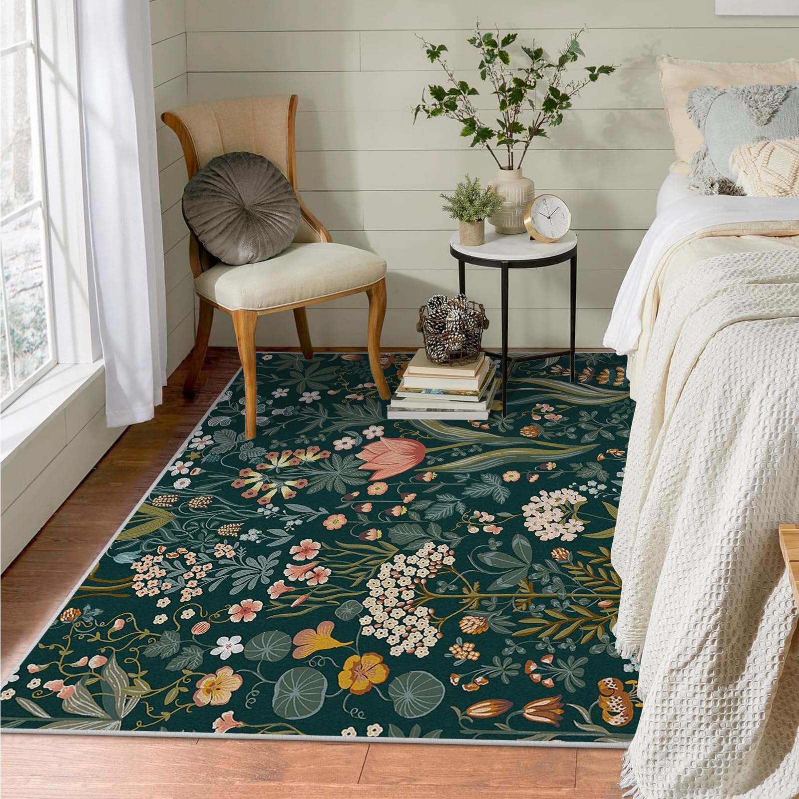 Teppich Quadratisch 150x150 Blumen Teppich Kurzflor Waschbar in Waschmaschine Anlage Teppich Gegend rutschfest Dünn Saugfähig für Wohnzimmer Schlafzimmer Küchen