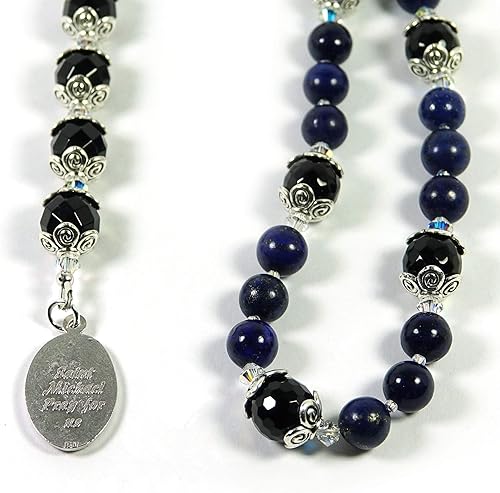 Miniatura 7 de Cuentas de oración católica San Miguel Coronilla Lapislázuli y ágata con aceite bendecido con unción, Metal, Lapislázuli