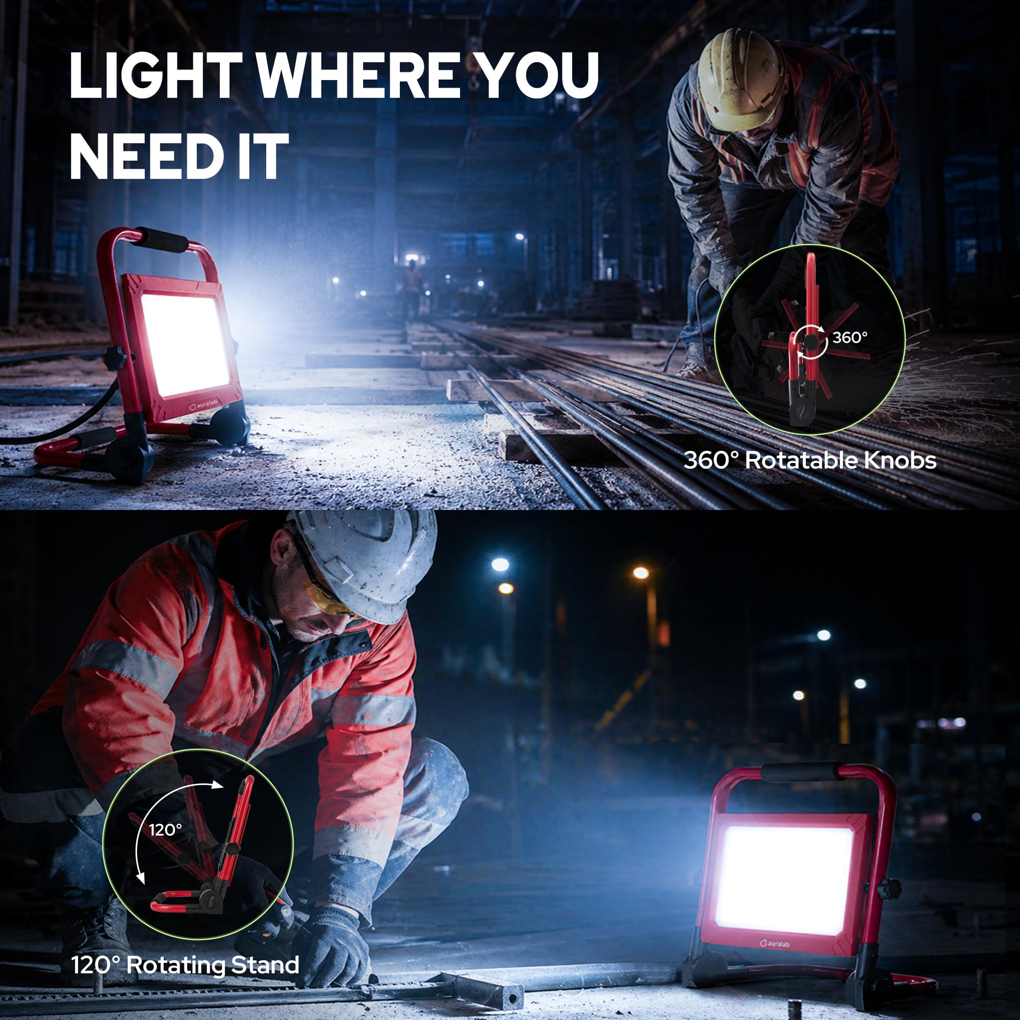 auralab Foco LED Trabajo 200W con Interruptor, 20000LM Foco de Obra Portátil con Cable de 4m, Proyector Impermeable IP65 con Soporte, Luz de Obra 6500K para Garaje, Taller, Camping