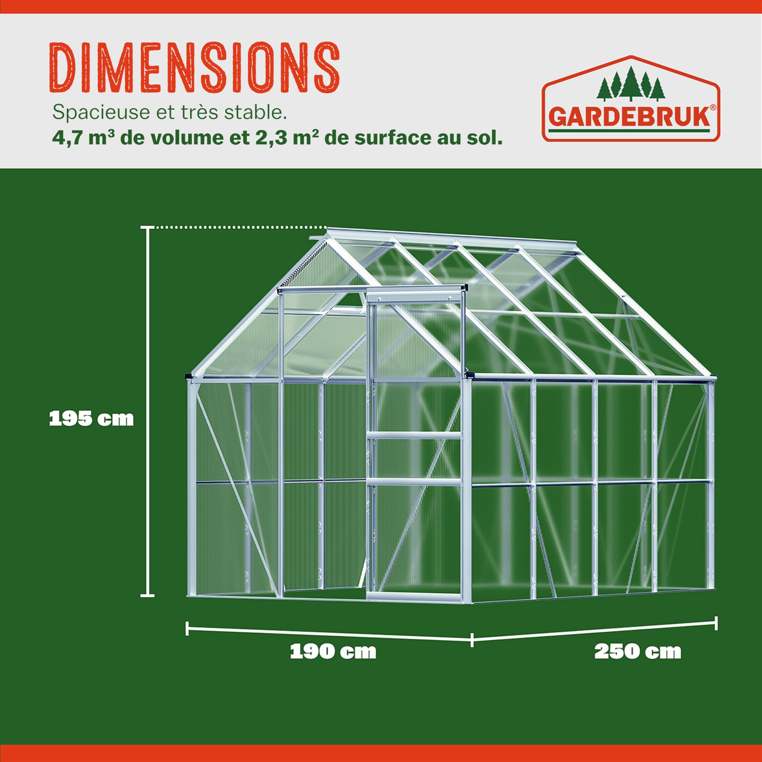 Gardebruk Serre de Jardin en Aluminium 7,63mł abri extérieur pour Plantes légumes 250x190x195cm avec fenętres