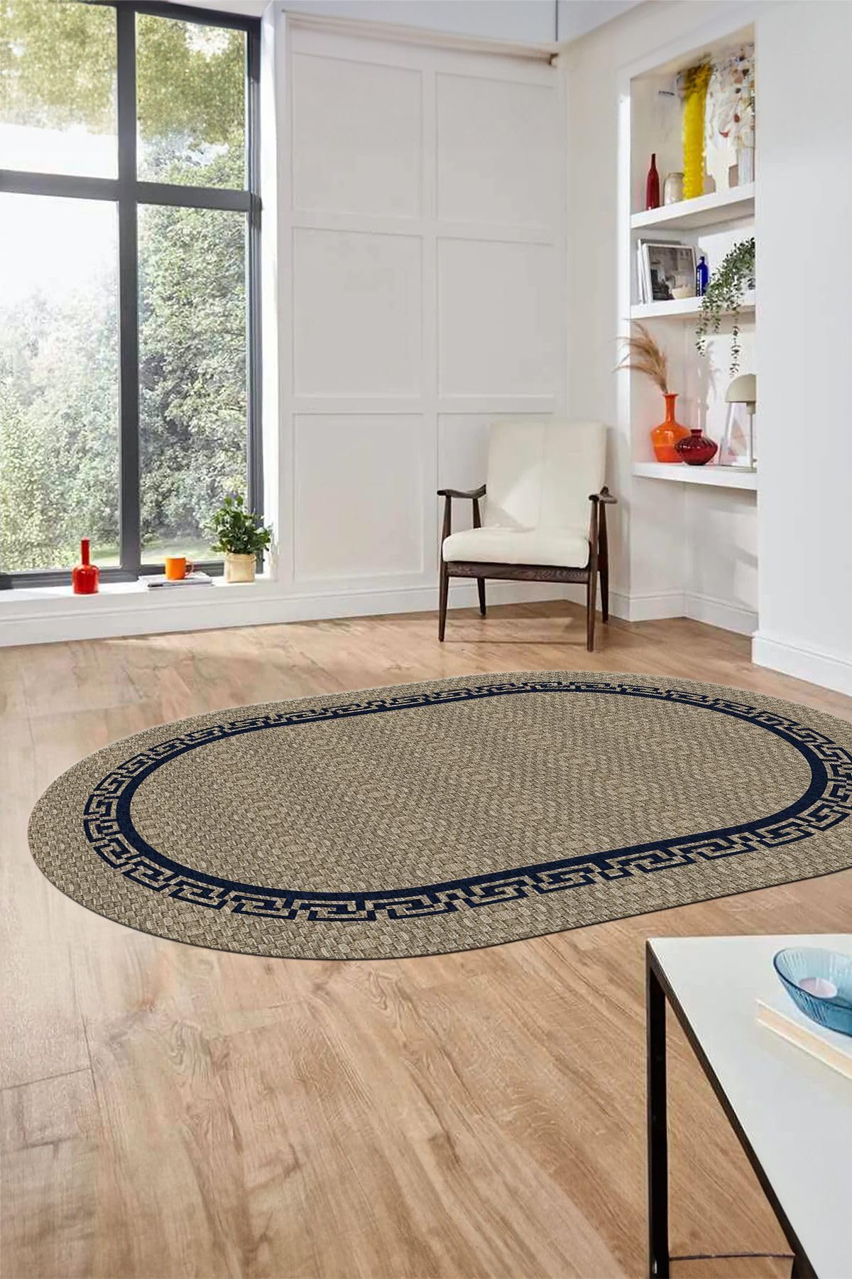 Evdeya Dijital Kaymaz Taban Yıkanabilir Jüt-Hasır Görünümlü Oval Mutfak Yolluk Salon Halısı O-JÜT-01, Mavi, 180 x 300