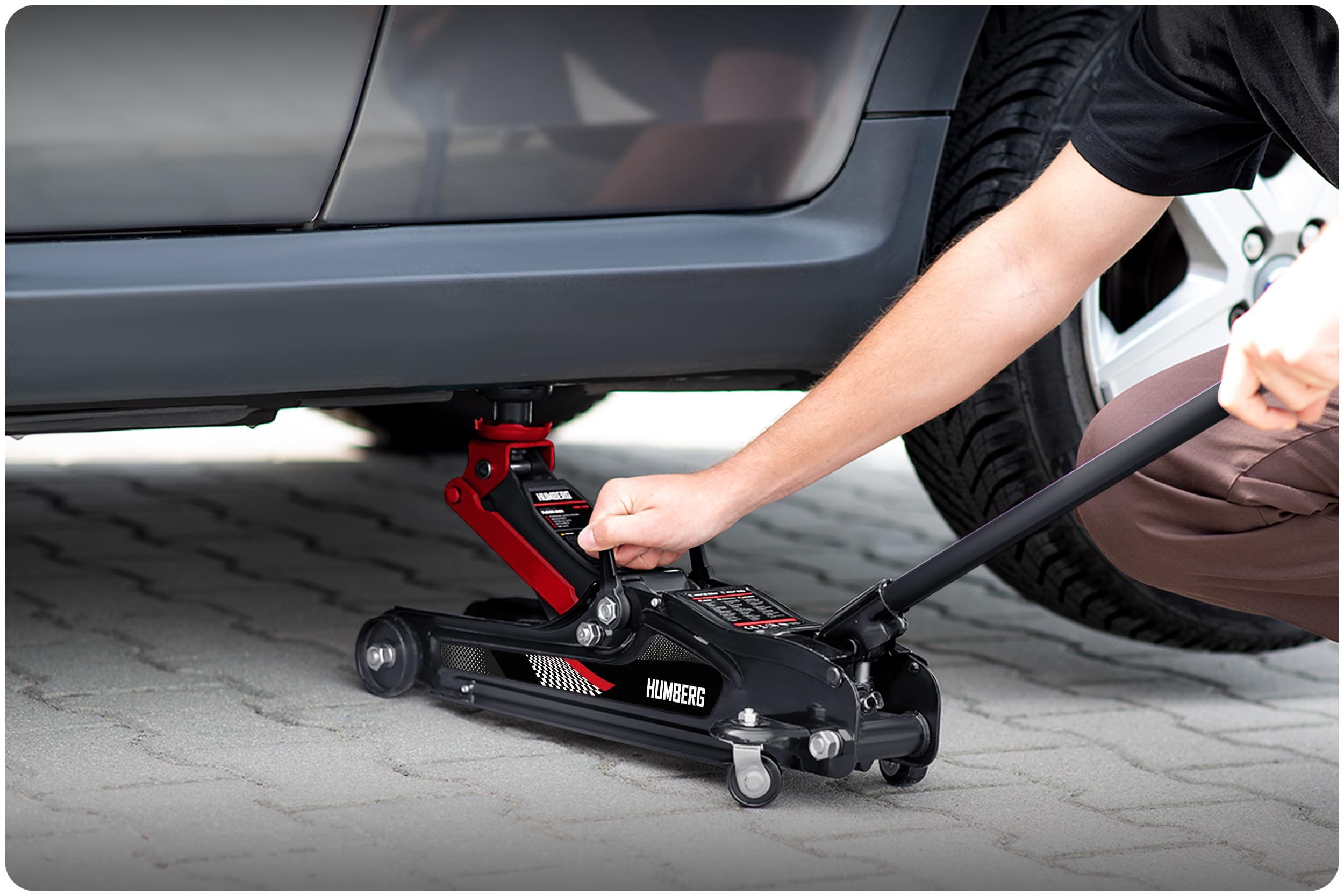 Humberg Cric idraulico per auto, a basso profilo, 2,5T, 80-360 mm, 2 cuscinetti in gomma, colore nero, rosso