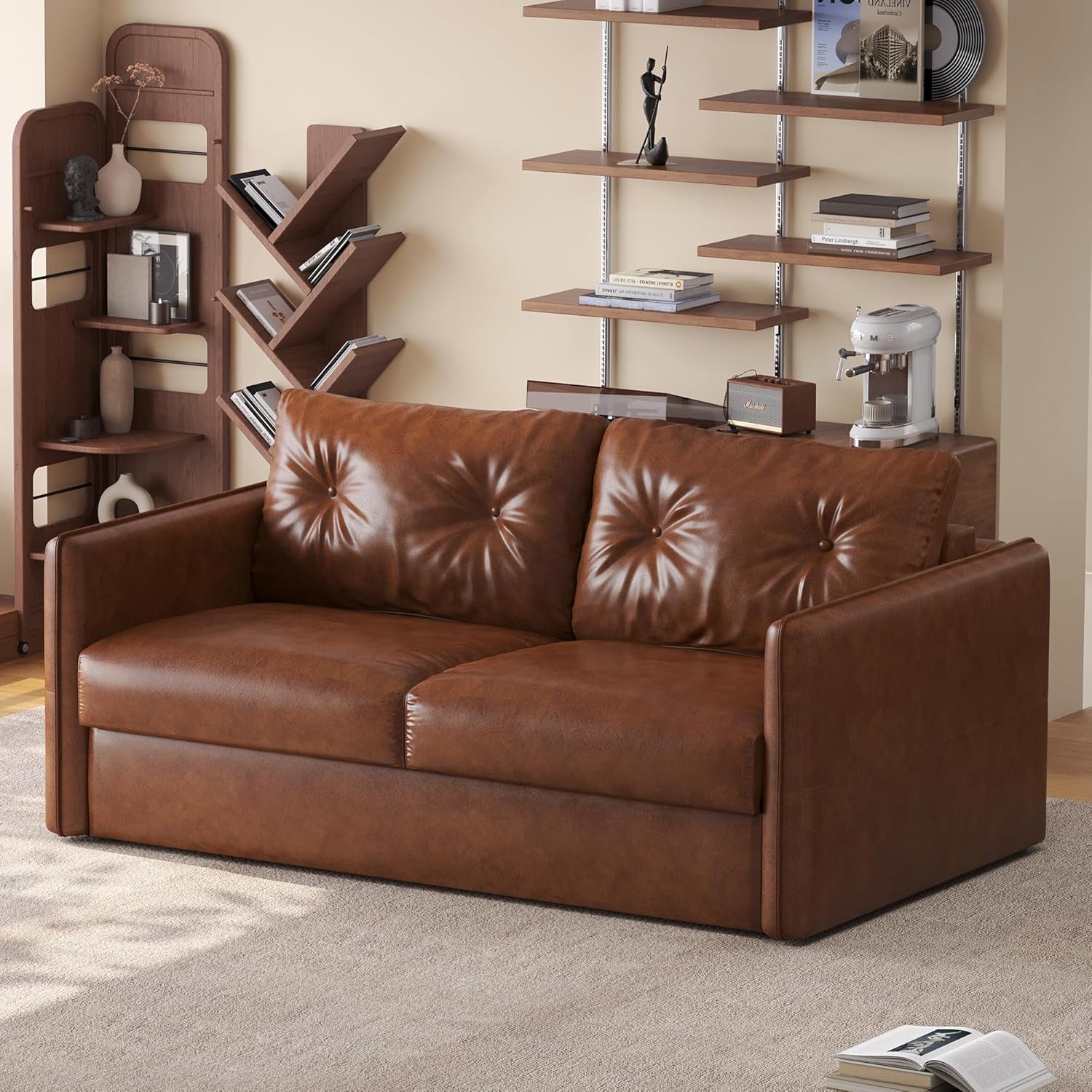 63" Pull-Out Sofa Bed, Faux Leather Futon Sleeper Couch, Convertible Loveseat Couch Beds with Tufted Backrest for Living Room, Apartment or Office