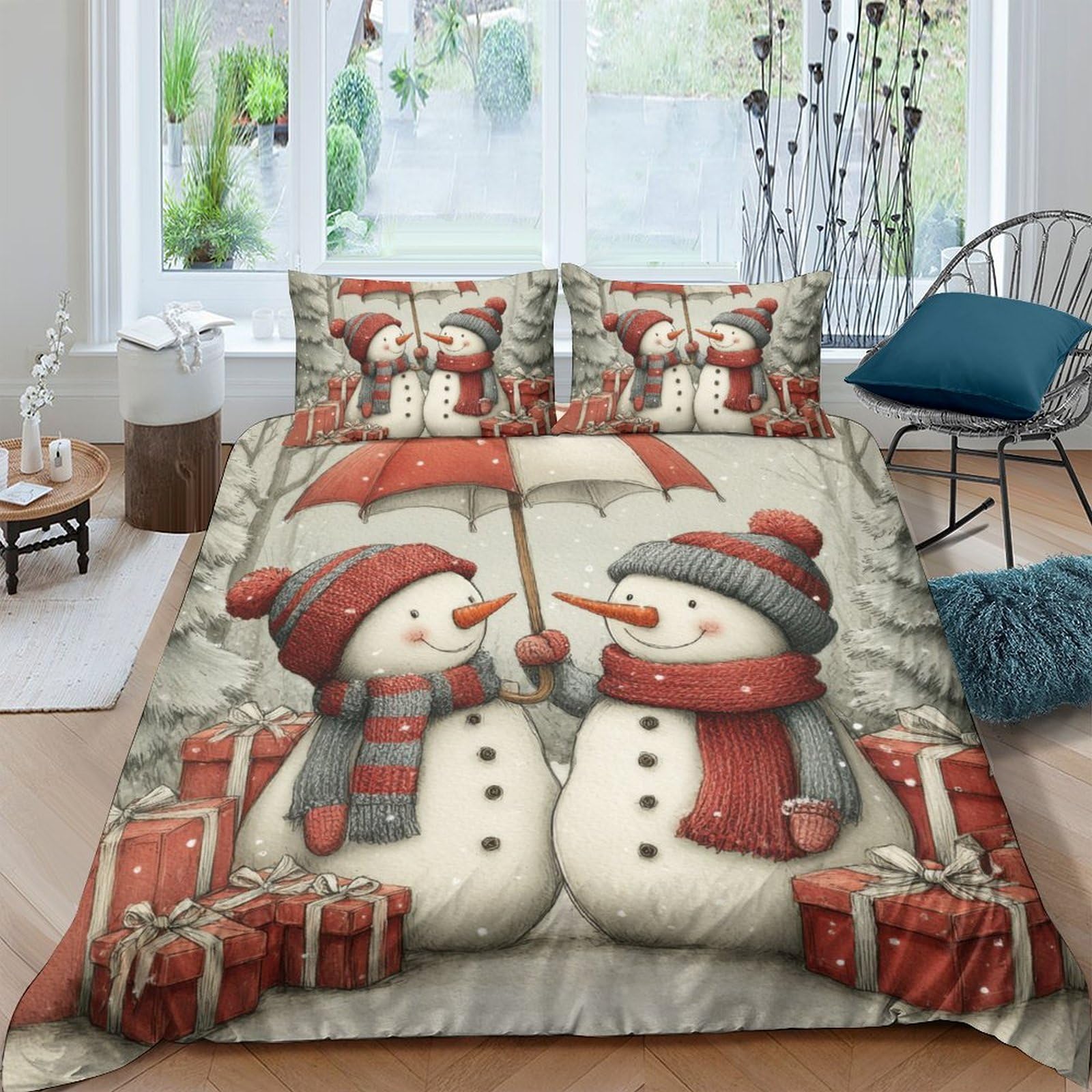 UNRXJZLVM Snowman Print Bedding Set Cosy Microfiber Gift Teen Room