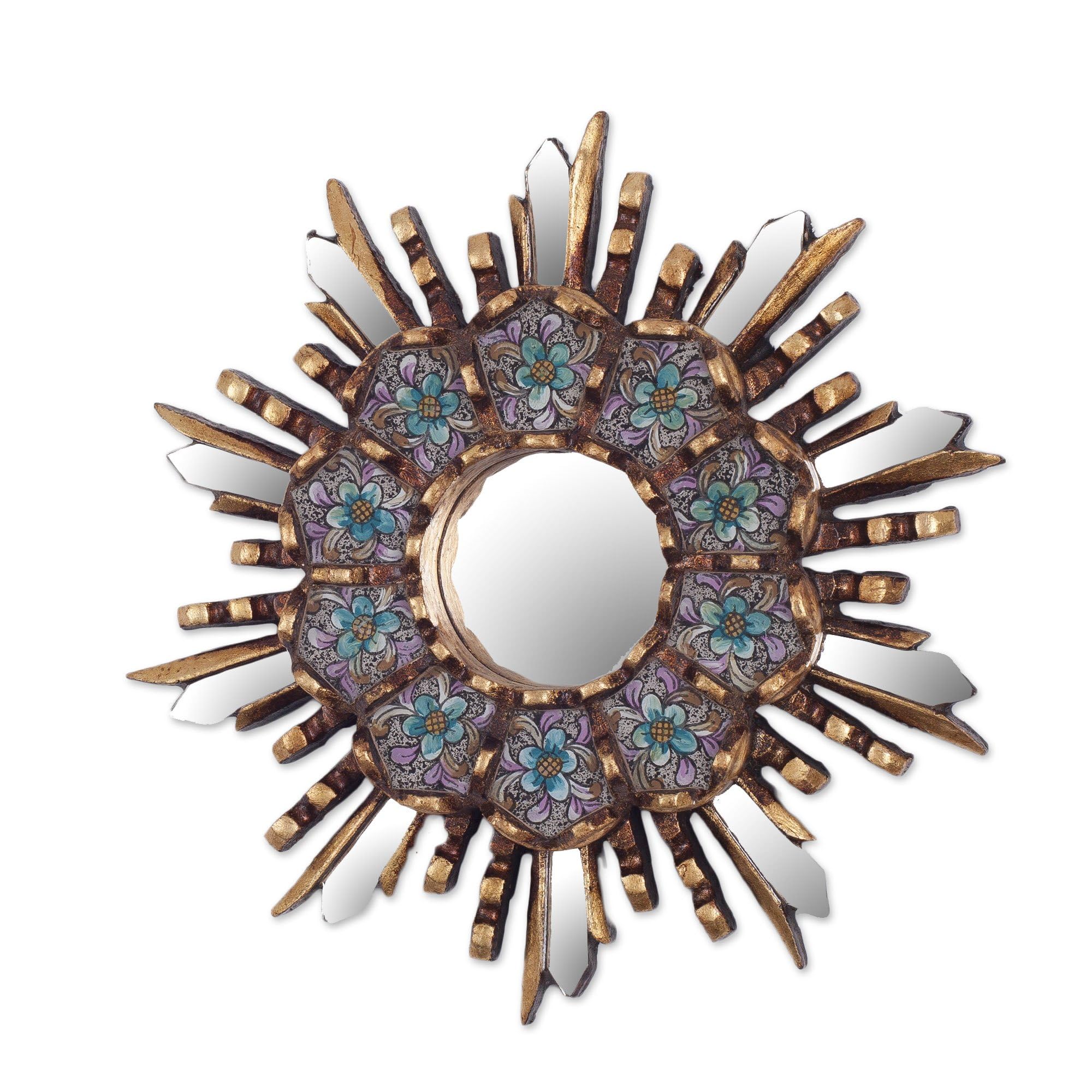 NOVICA Blue Floral Reverse Painted Glass Bronze Leaf Starburst Wall Mounted Mirror, 'Cuzco Meadow'
