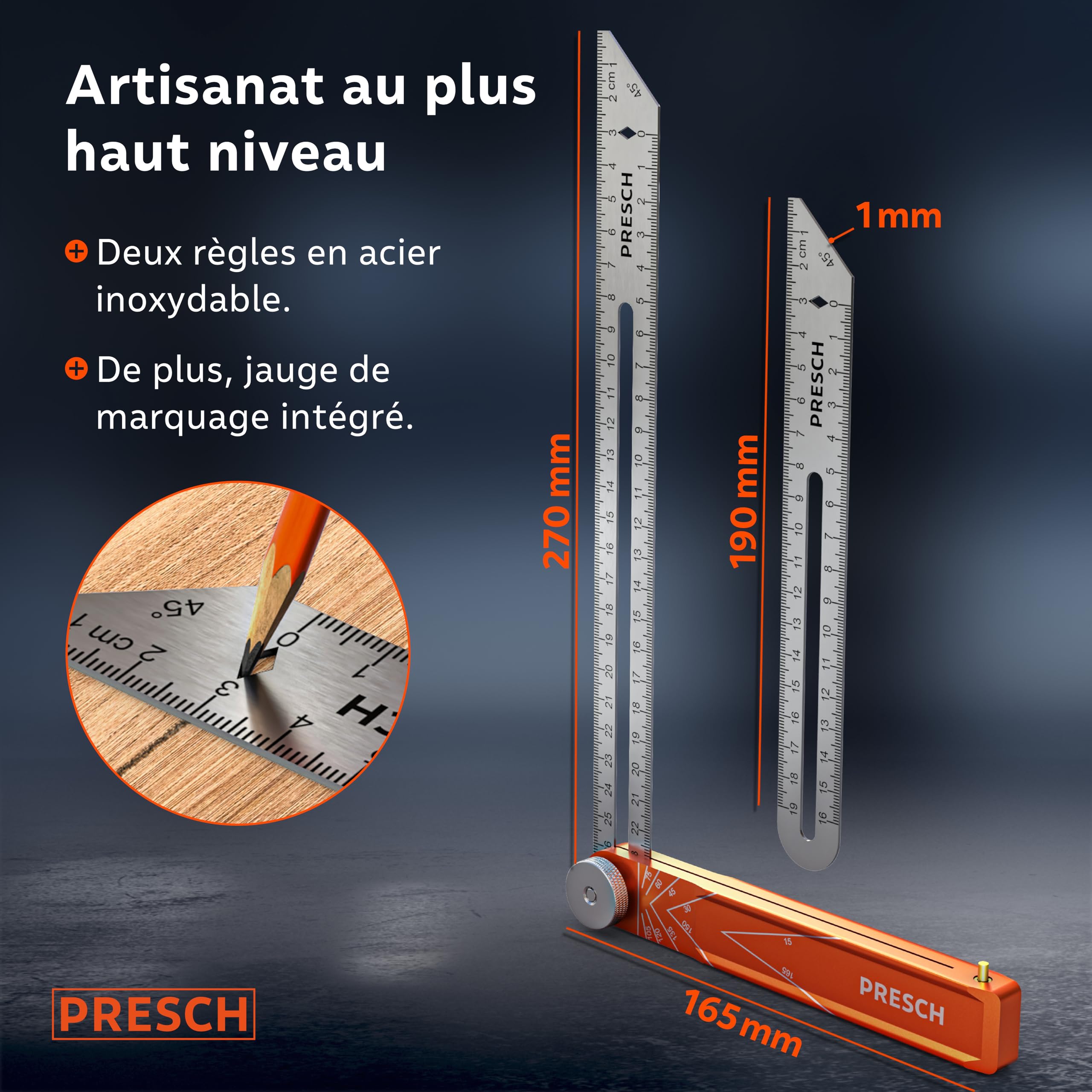 Presch Fausse Équerre incl. règle supplémentaire - 190mm & 270mm - Transfert d'angle précis - Règle avec fonction de trusquin fraisée en aluminium usiné avec précision & en acier inoxydable