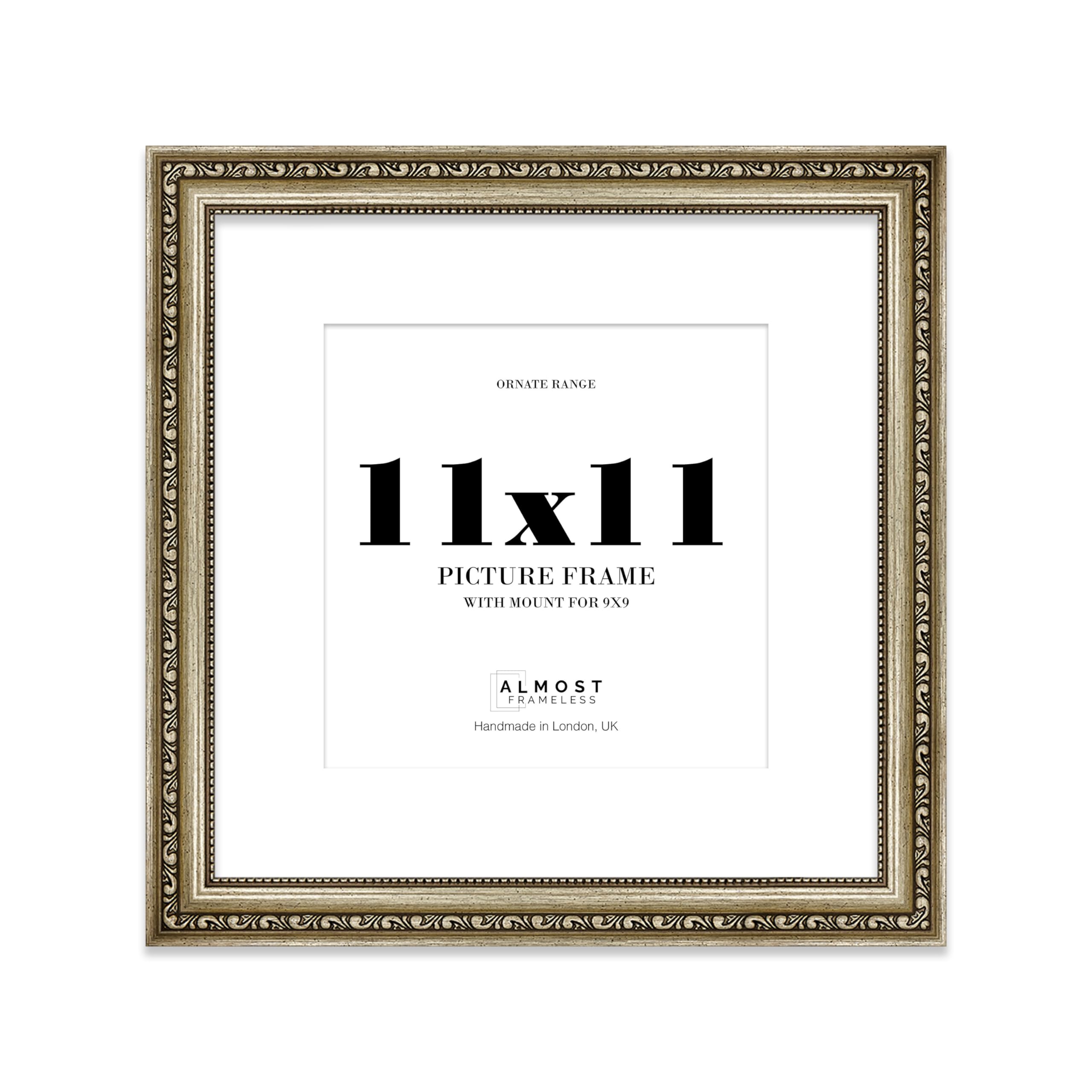 11x11 Champagne Silver Ornate Photo Frame With White Mat For 9x9 Picture, Ready to Hang or Stand, 1 Pack