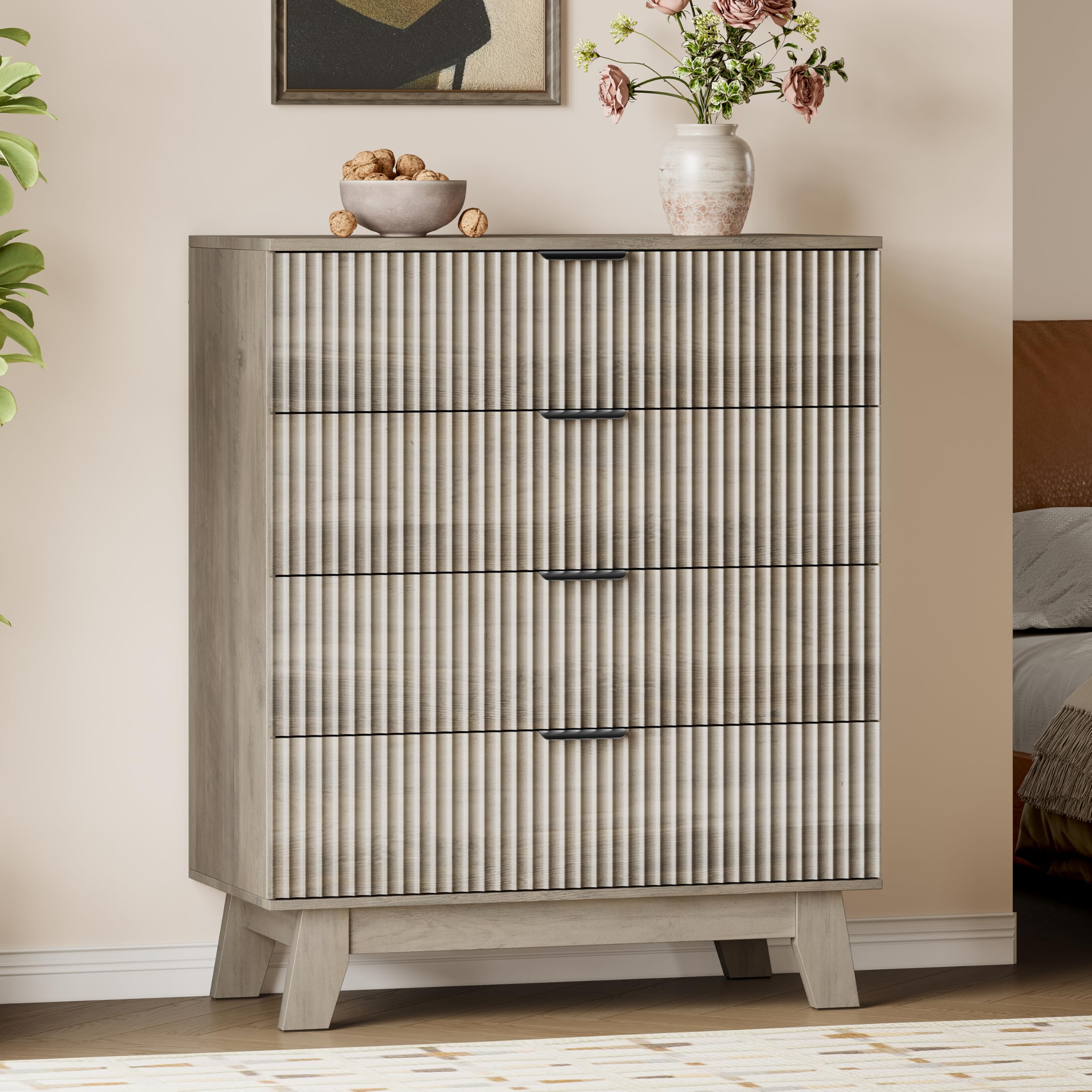 BORNOON 39" Tall Dresser for Bedroom, 4-Drawer Fluted Chest of Drawers, Modern Wood Highboy with Deep Storage, Metal Slides &amp; Handles, Anti-Tip Kit, Vertical Clothes Organizer for Apartment, Nursery