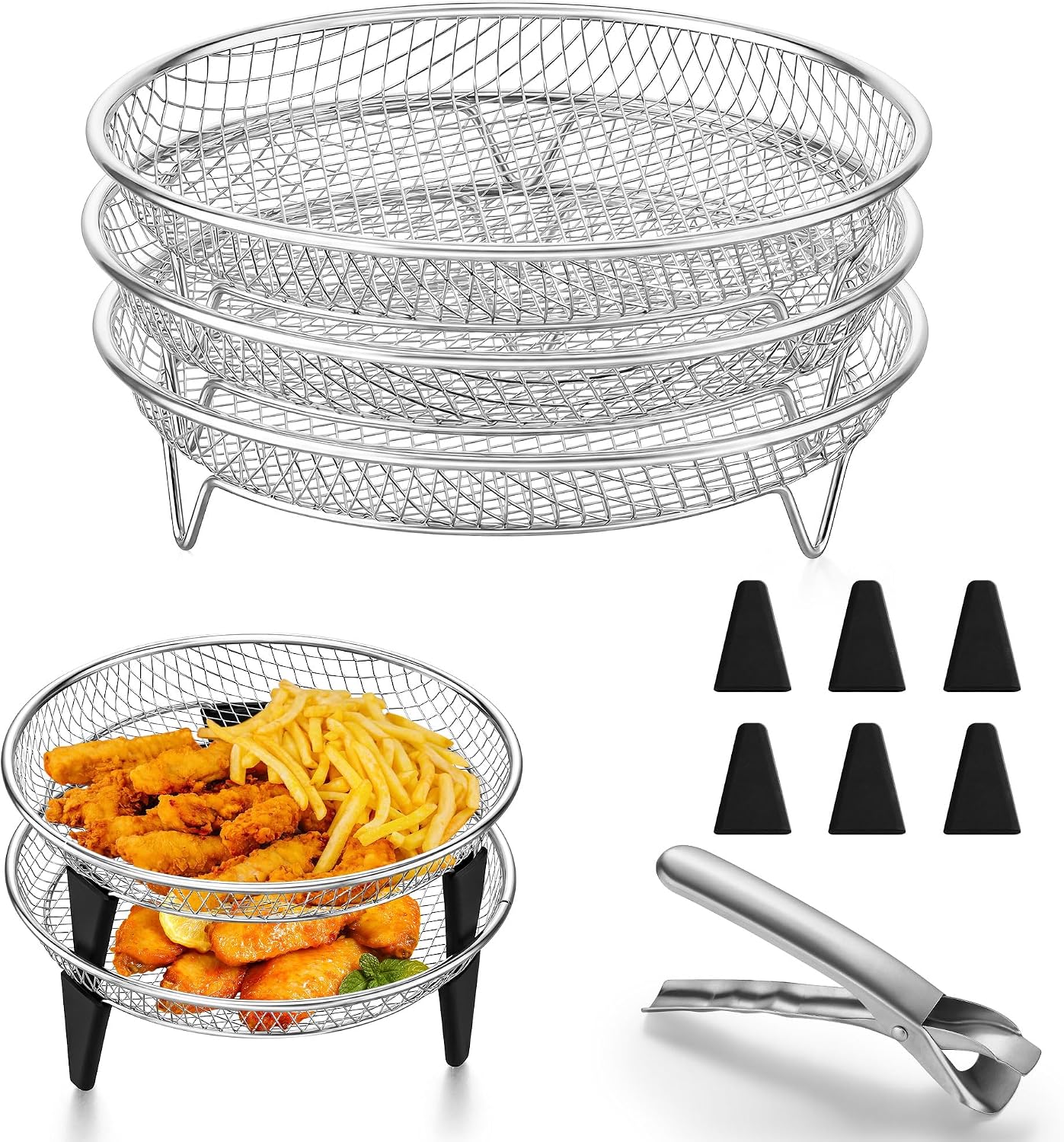 Onader Akcesoria do frytkownicy na gorące powietrze, 3-częściowy, okrągły kosz ze stali nierdzewnej, ruszt do smażenia Airfryer, akcesoria Airfryer z 6 silikonowymi nóżkami i 1 uchwytem do smażenia