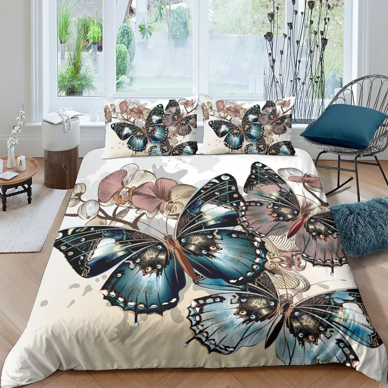 Ctjqhvkz Style-5 3D Printed Blue Butterfly Fitted Sheet Microfiber Soft Bedroom Decor Pink Floral Mattress Cover Dustproof Easy Care Single（135X200cm）