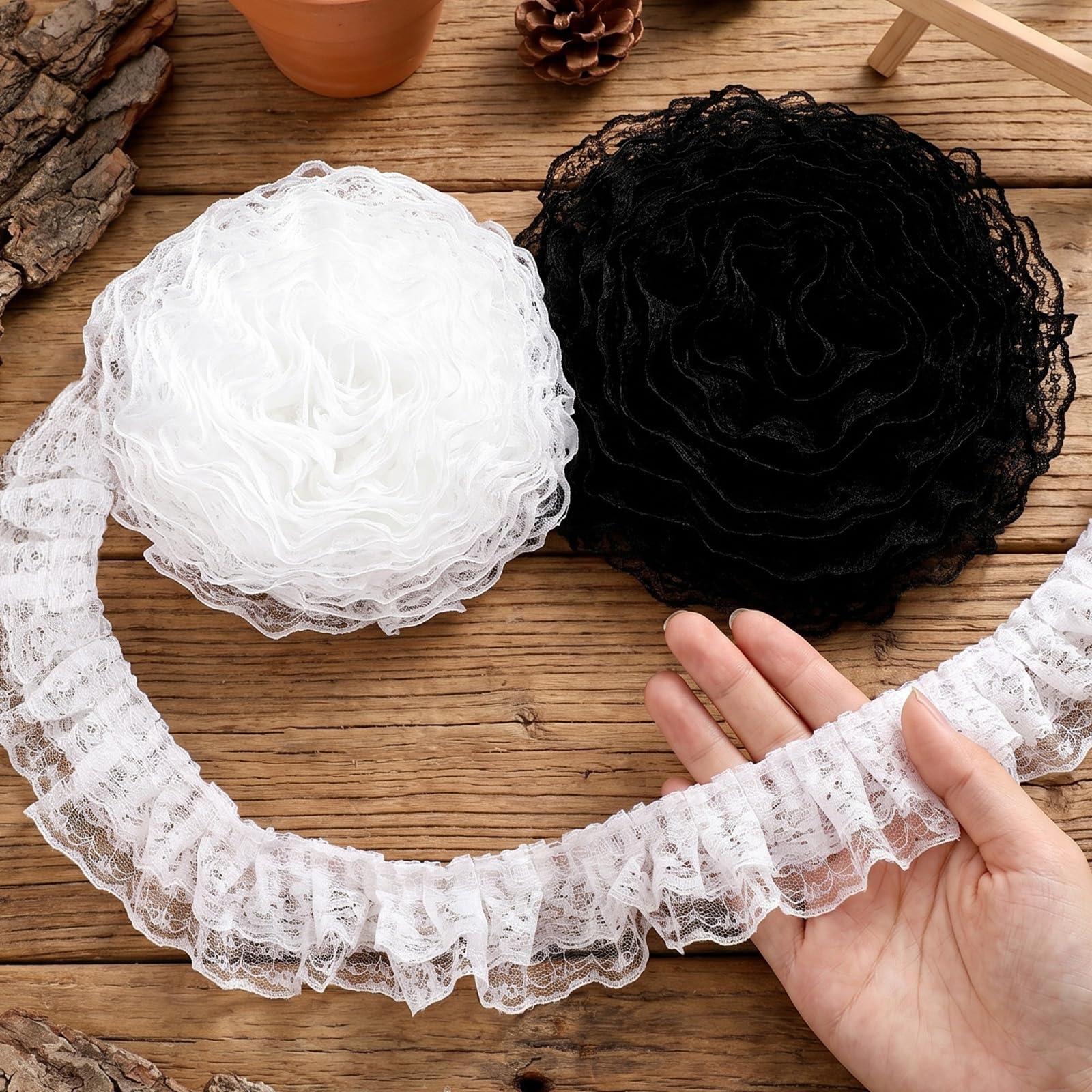 JJUNW 10 Yards Lace Ribbon, 1.77 in Width White Black Lace Ruffle Trim