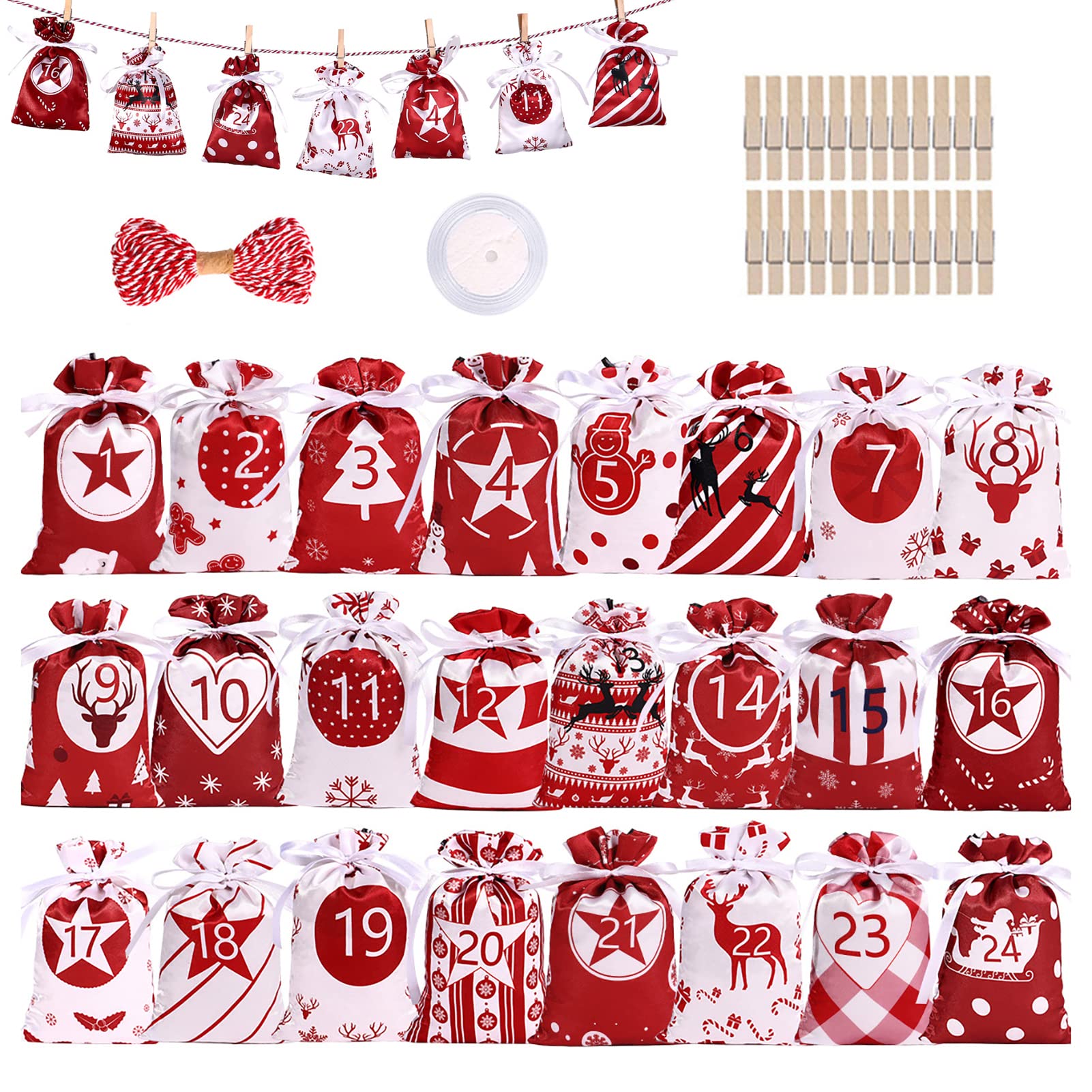 5 sacchetti per calendario 'Avvento, calendario natalizio con | conto alla rovescia, regalo con coulisse, materiale satinato e design natalizio, buon effetto decorativo per