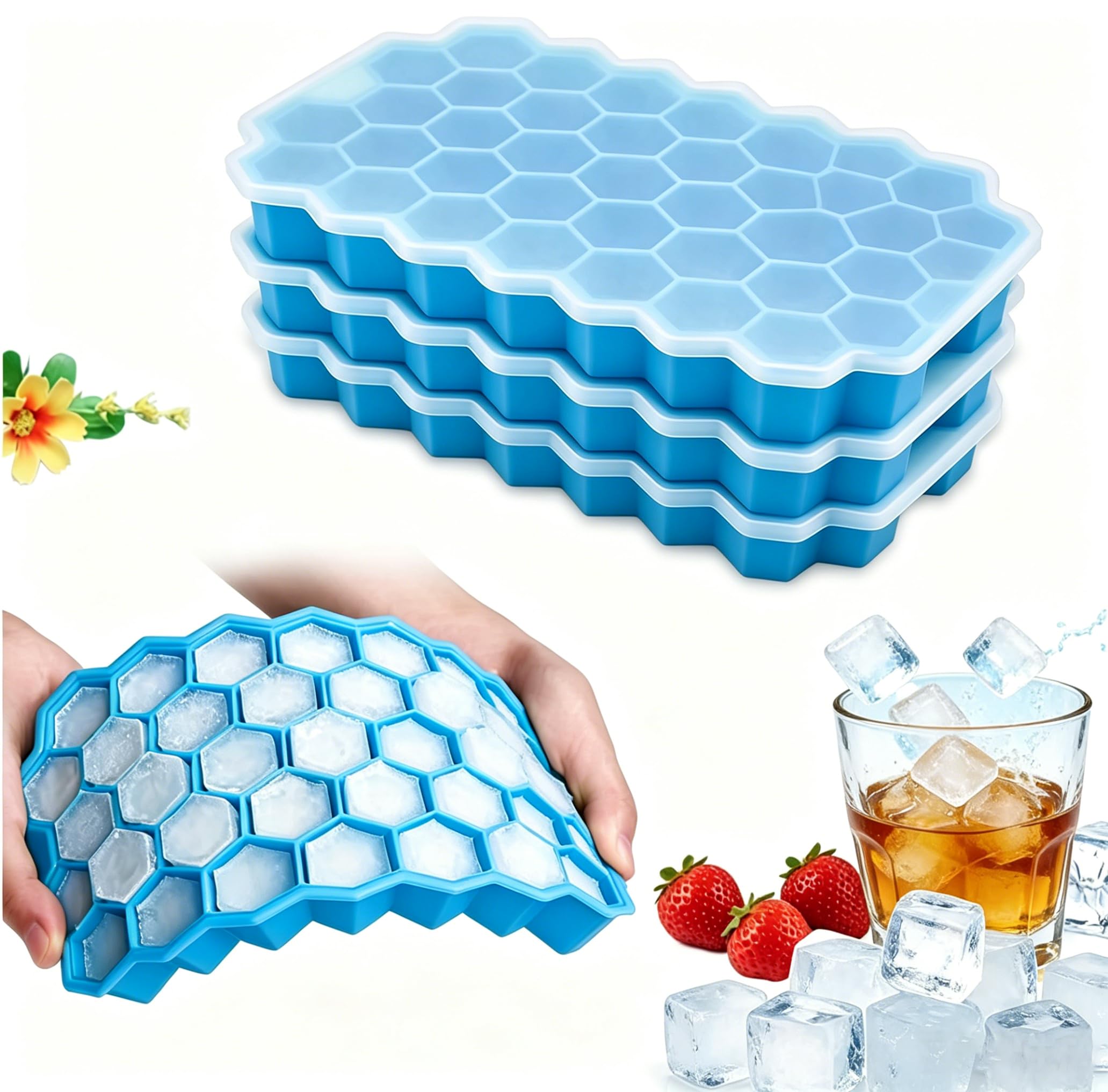 Ice Cube Tray with Lid, Easy Release,Mini Silicone Moulds, 3 Packs 37 Ice Trays, LFGB and BPA Free (Blue 3 Packs)