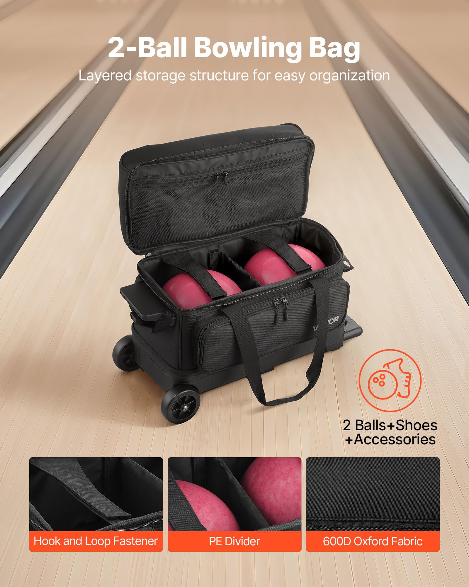 VEVOR Sac de Bowling à roulettes, Valise de Transport pour 2 Boules, avec Compartiment pour Chaussures, Poche pour Accessoires Surdimensionnée et Poignée Rétractable Extensible, Transport, Noir