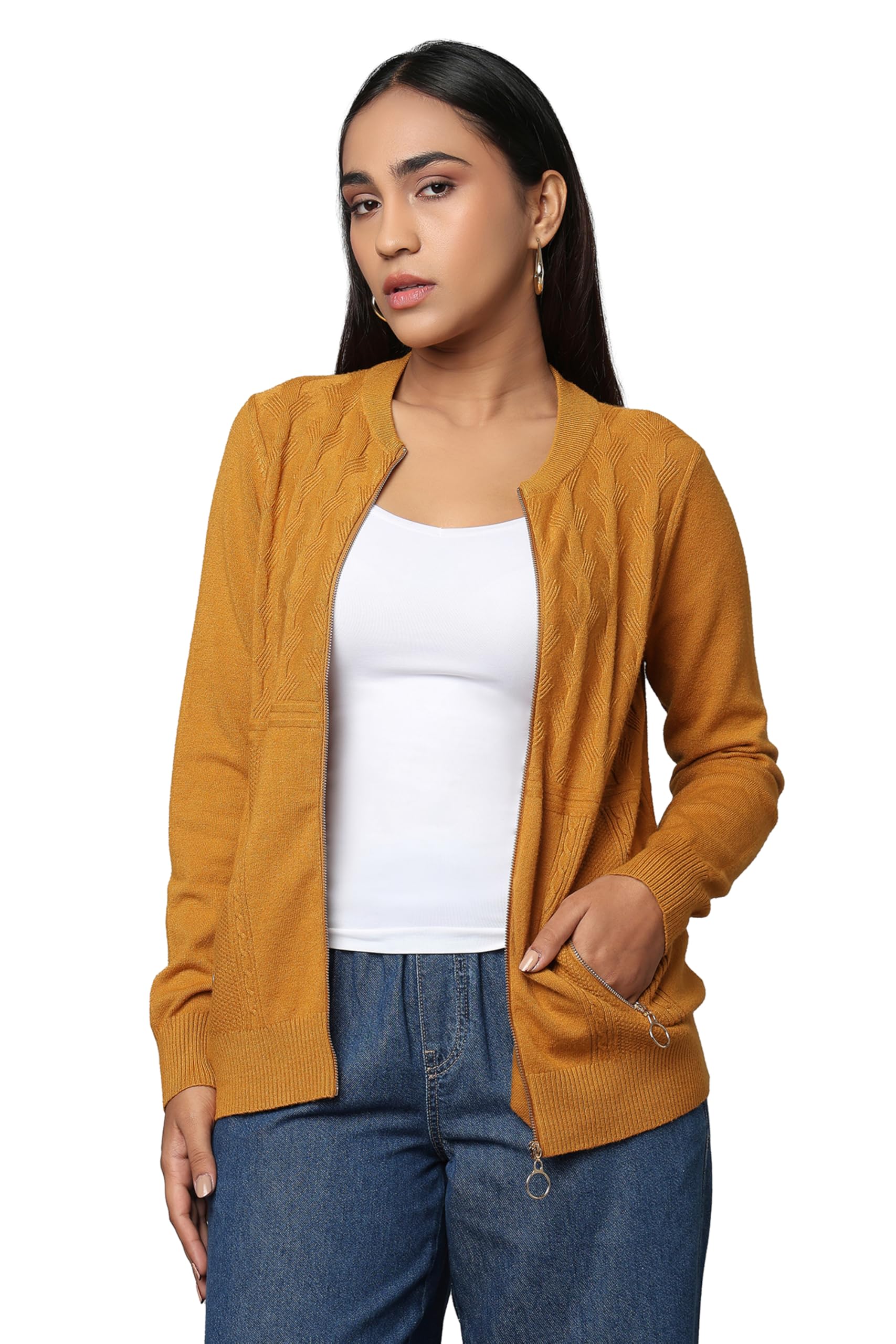 Women's Cable Pointelle Knit Zip-Front Sweater with Pocket Detail-image-13