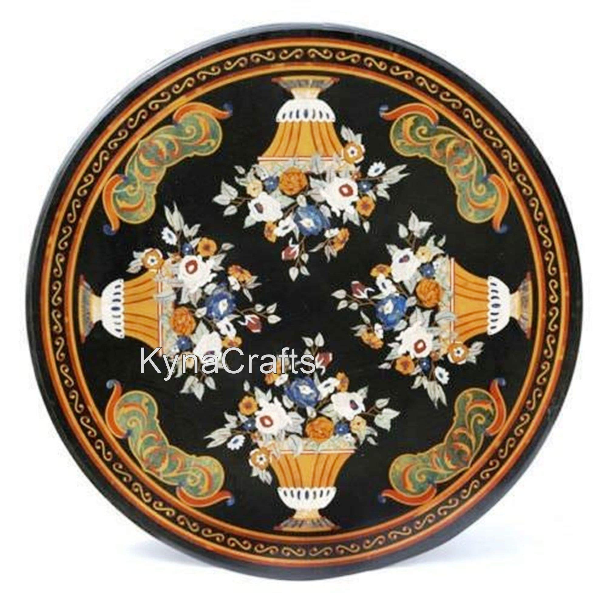 50 x 50 Inches Flower Vase Pattern Inlay Work Dining Table Top Round Shape Black Marble Sofa Center Table
