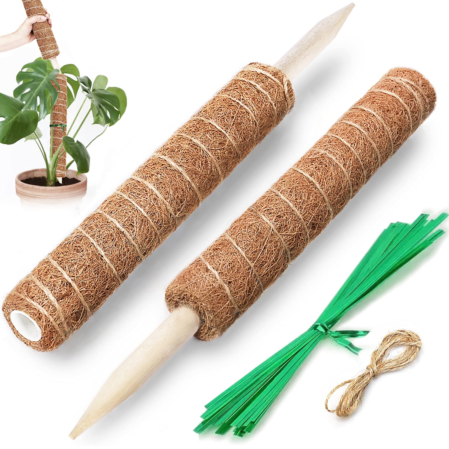 LIOYA Moss Pole, 15.7 in/2 Pcs Coco Coir Plant Support Stakes for Indoor Potted Plants Monstera, Philodendron, Pothos Plant Live and Climbing, with Reusable Ties