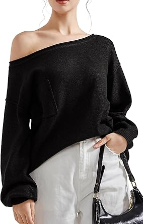 SUUKSESS Women Off The Shoulder Fall Sweaters Long Sleeve Boat Neck Oversized Pullover Sweater Tops