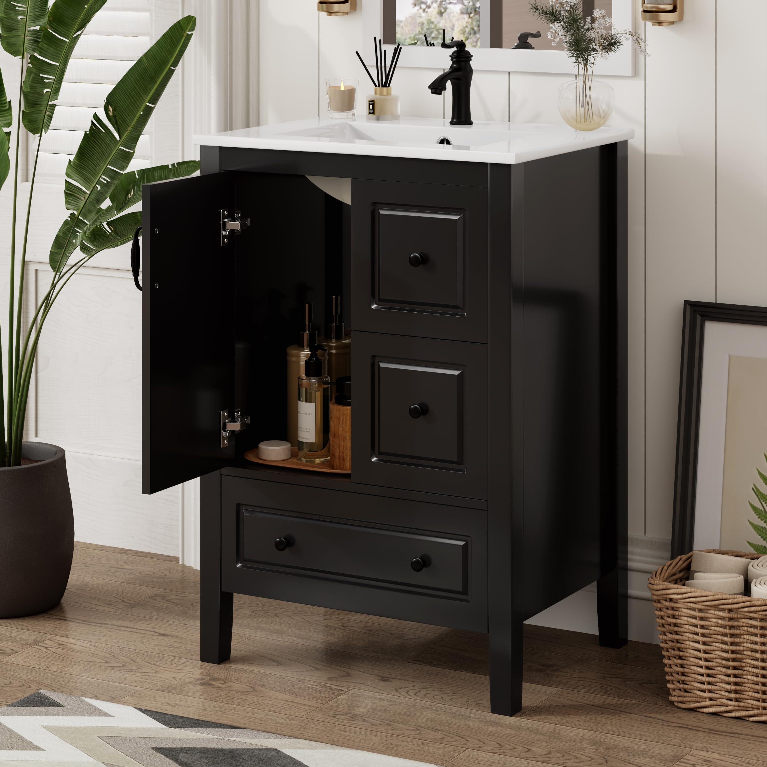 Favfurish 24" Small Bathroom Vanity with Ceramic Sink Combo,Undermount Single Basin Bath Cabinet Set w/Soft-Close Door and 3 Drawers,Retro Freestanding Storage for Apartments/Powder Rooms