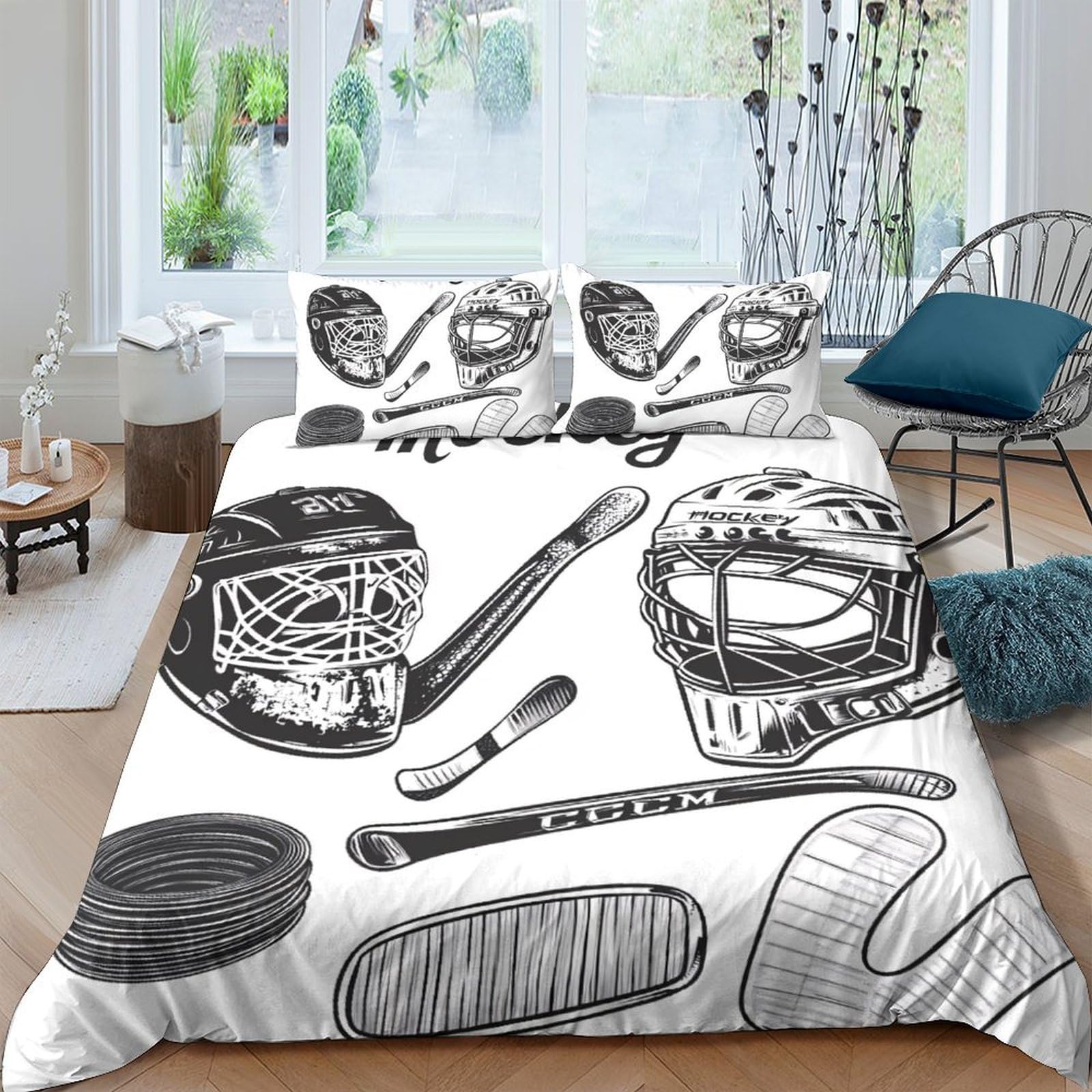 Ctjqhvkz Style-1 3D Printed Hockey Mask Fitted Sheet Microfiber Bedroom Decor Hockey Stick Bed Cover For Adult Youth Dorm Protection Single（135X200cm）