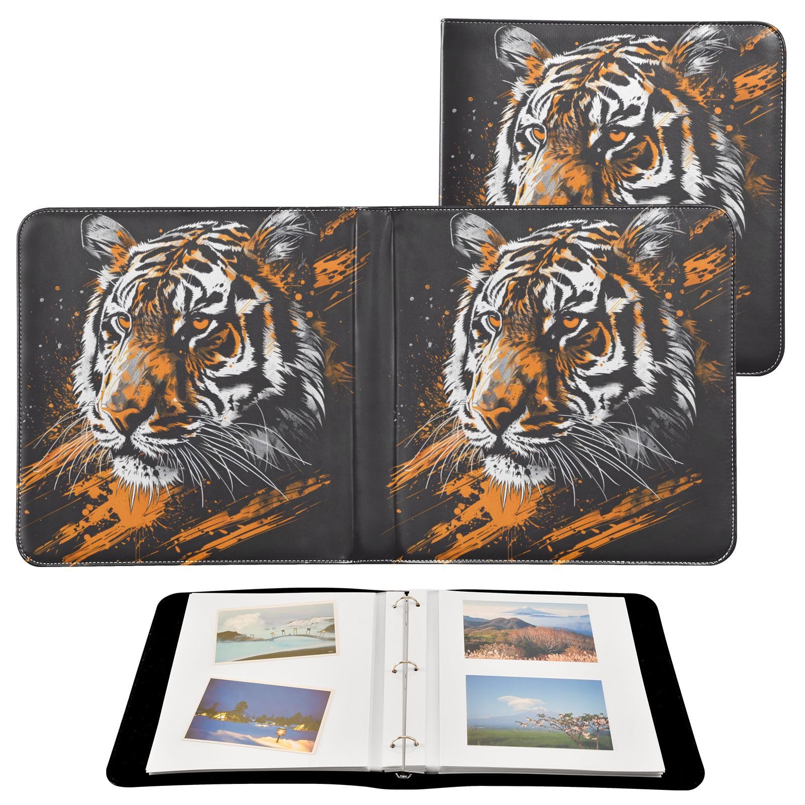 JIPONI Tiger Print Head Large Photo Album, DIY Leather Cover Scrapbook Albums for 4x6 5x7 6x8 Pictures, Self Adhesive Memory Book for Wedding, Baby, Family