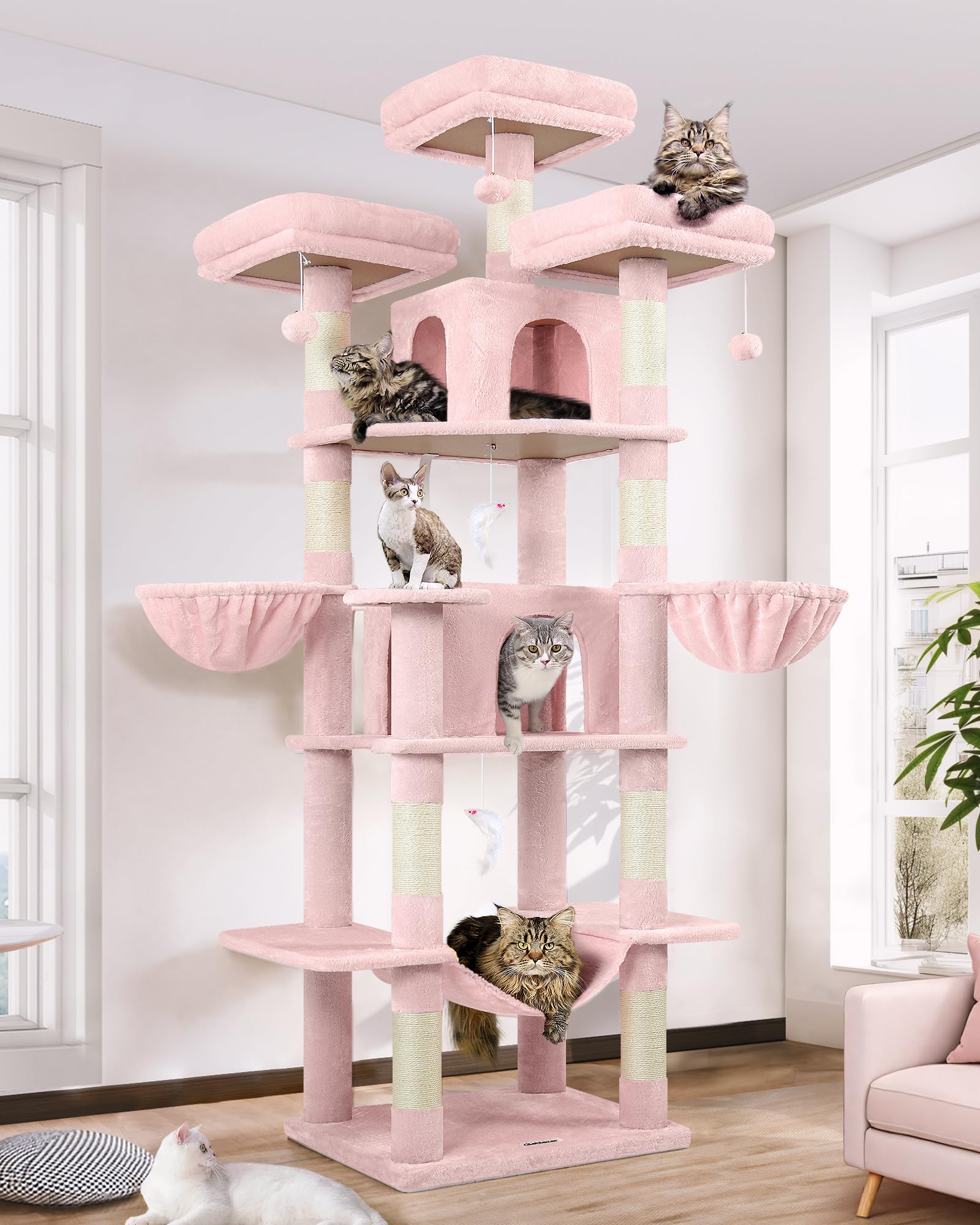 Globlazer Cat Tree Pink XXL for 3-5 Cats, Large Cat Tower 204cm with 3 Top Perches, 2 Caves, Hammock, 2 Hanging Basket, 9 Sisal Scratching Posts, Sturdy Cat Tree for Indoor Cats Rest Play (F80, Pink)