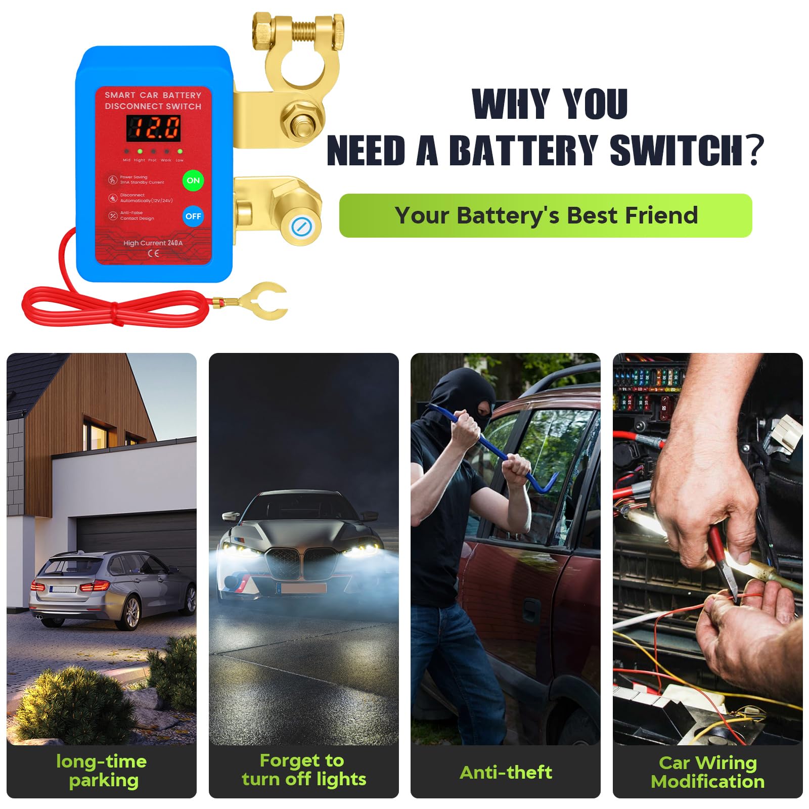 Disjoncteur de batterie télécommandé sans fil, Coupe Circuit Batterie 12v 240 A, avec Led Affichage Coupe Batterie, Interrupteur D'arrêt Automatique pour Voiture, RV, ATV, Camion, Bateau