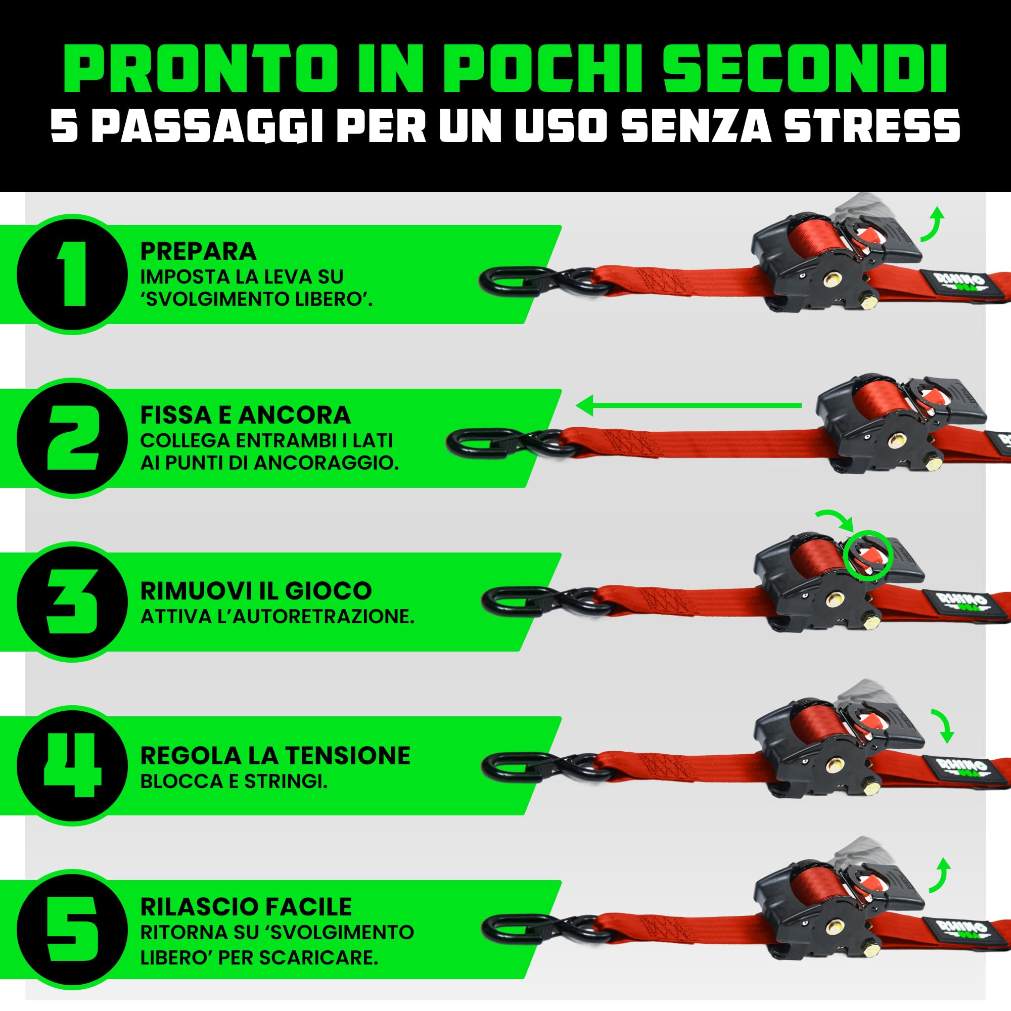Rhino USA Cinghie di tensione retrattili con cricchetto da (confezione da 2) -1360 kg di carico di rottura, incluse (2) automatiche ultimate da 5.0 cm x 3 m con maniglie imbottite - Rossa