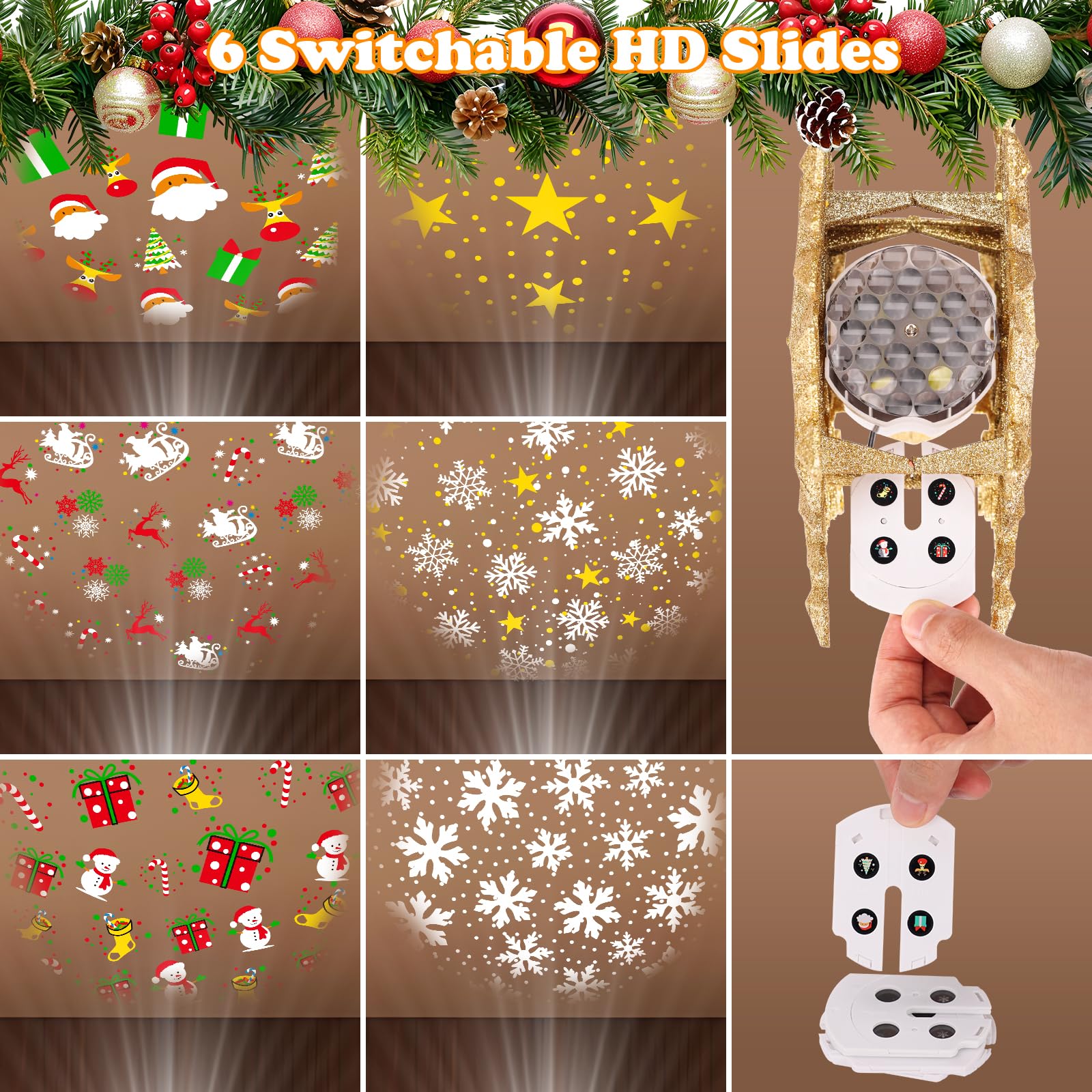 Étoile lumineuse pour cime de sapin de Noël avec projecteur de lumière 6 effets HD, 3D pailleté doré, projecteur de lumières d'intérieur pour décoration de sapin de Noël