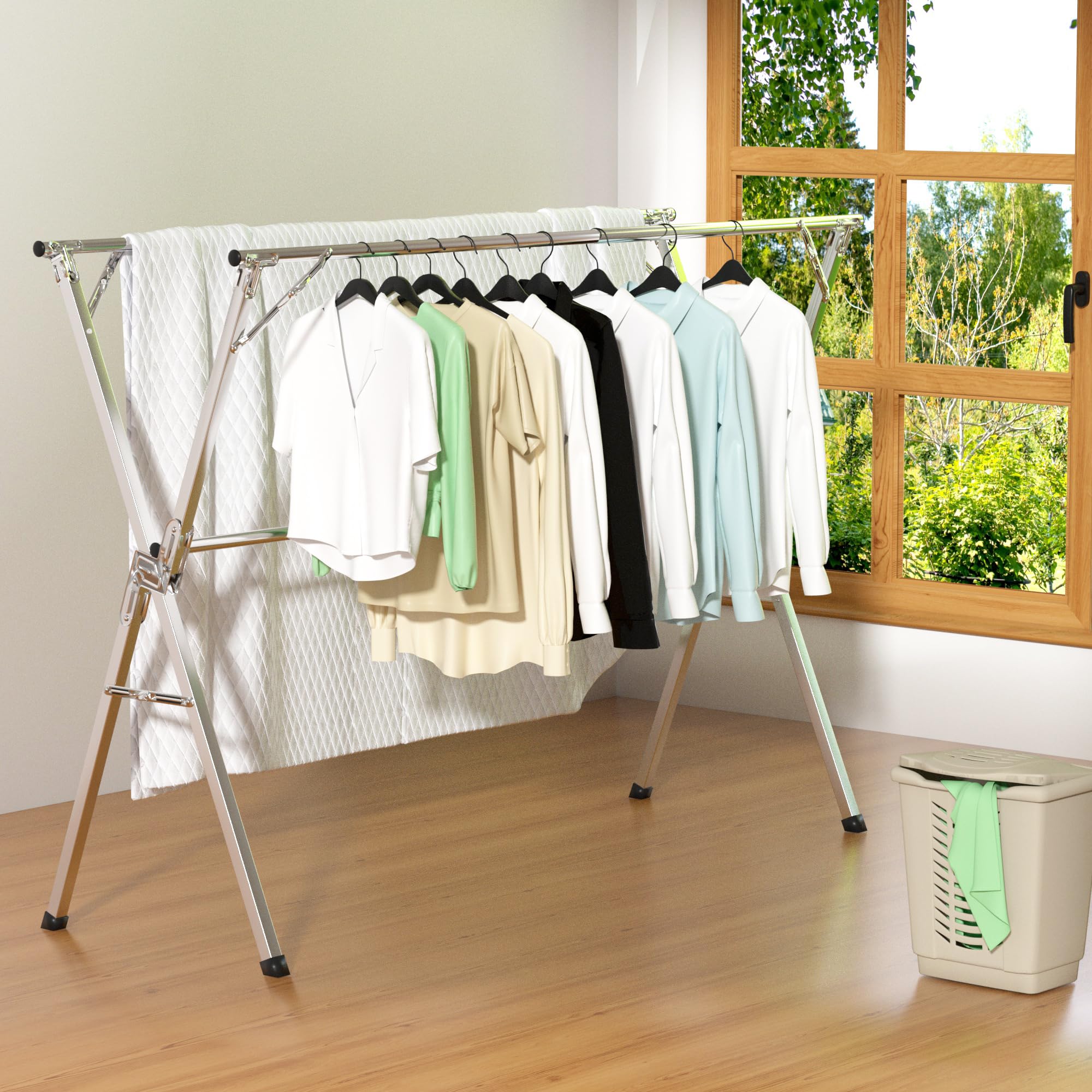 OUUTMEE Ausziehbarer Wäscheständer 130-200 cm Edelstahl mit 20 Haken