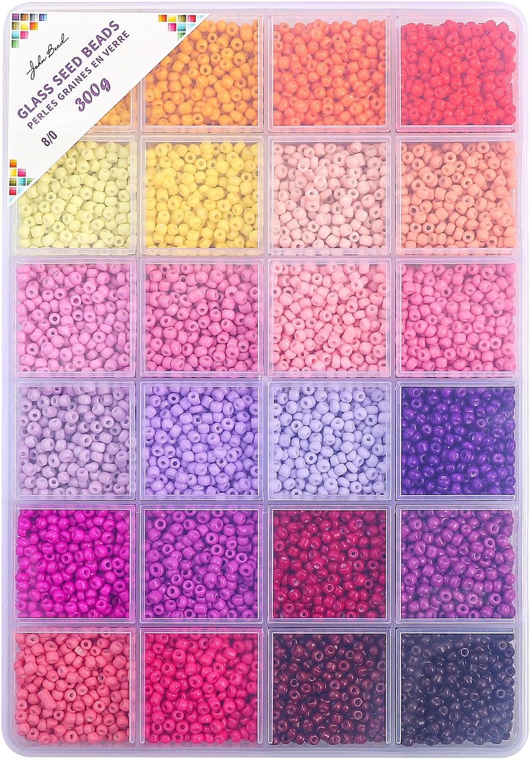 12500pcs John Bead Assorted Glass Seed Beads 8/0, 24 Colors Princess Treasures Round Bead for DIY Crafts Jewelry Making Bead Box